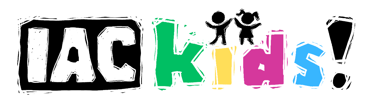 Colorful, woodcut-style text spelling 'IAC KIDS' with the letters in green, yellow, pink, and blue.
