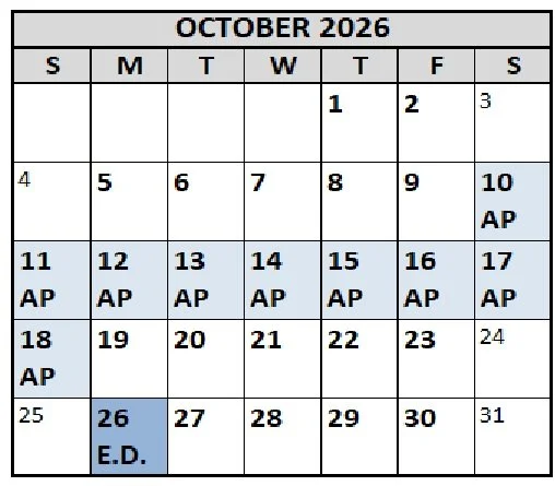 October 2026 calendar with days from Sunday to Saturday, marking specific dates: October 10th and 11th as AP, October 26th as E.D., and the entire month with weekdays.