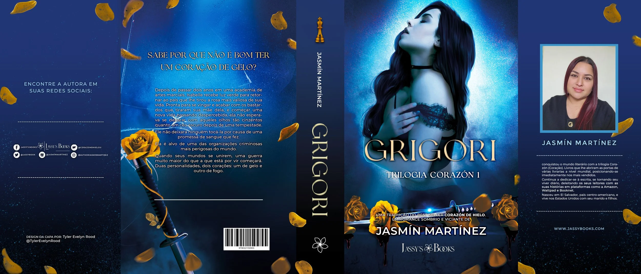 Portada del libro con una mujer de cabello largo y oscuro, vestida con ropa negra, en un fondo azul con voladoras de oro y rosas amarillas, y el título 'Grigori'.