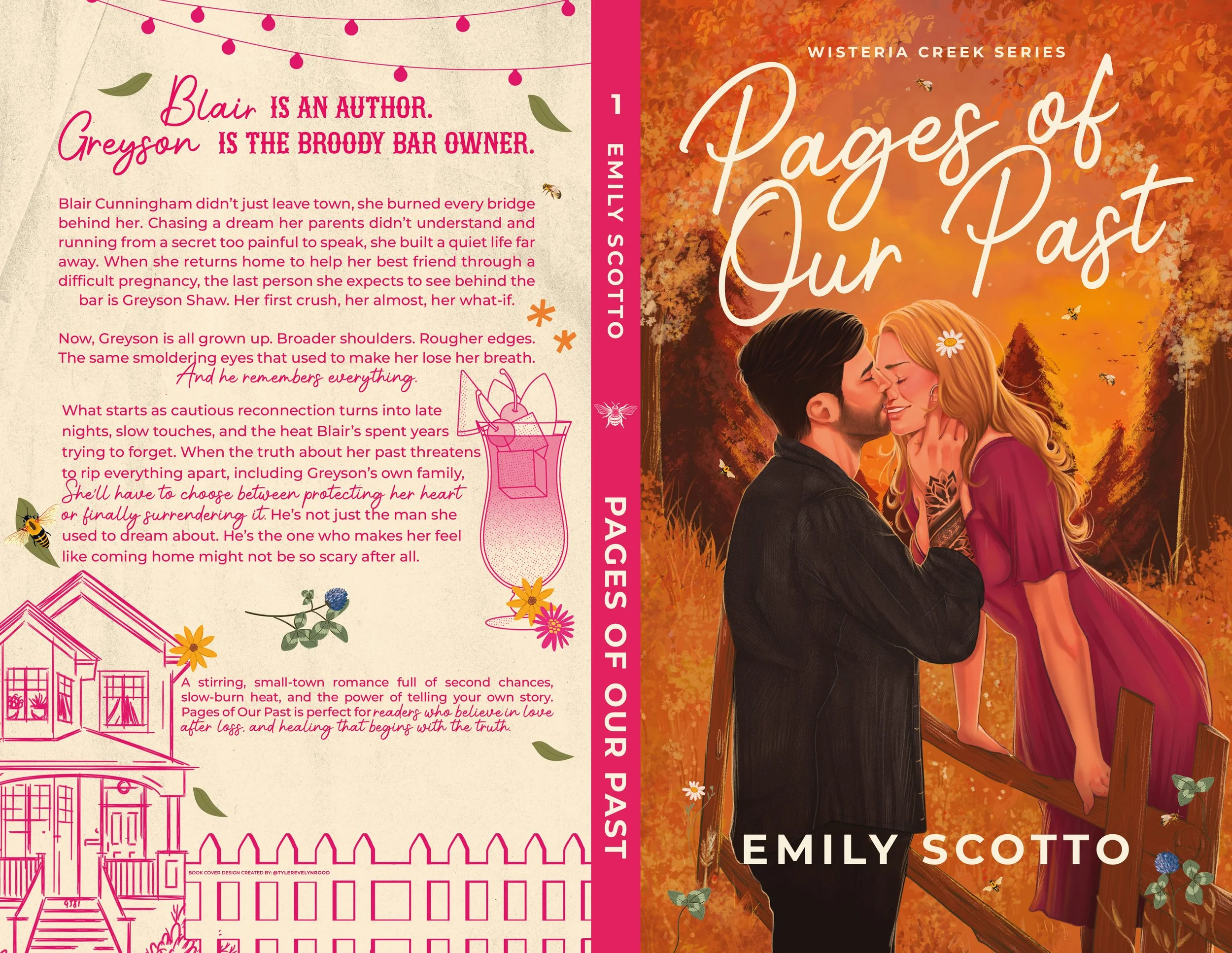 Portada del libro con una pareja besándose en un banco. Fondo con tonos anaranjados y hojas otoñales. El título es 'Pages of Our Past' y el autor es Emily Scotto.
