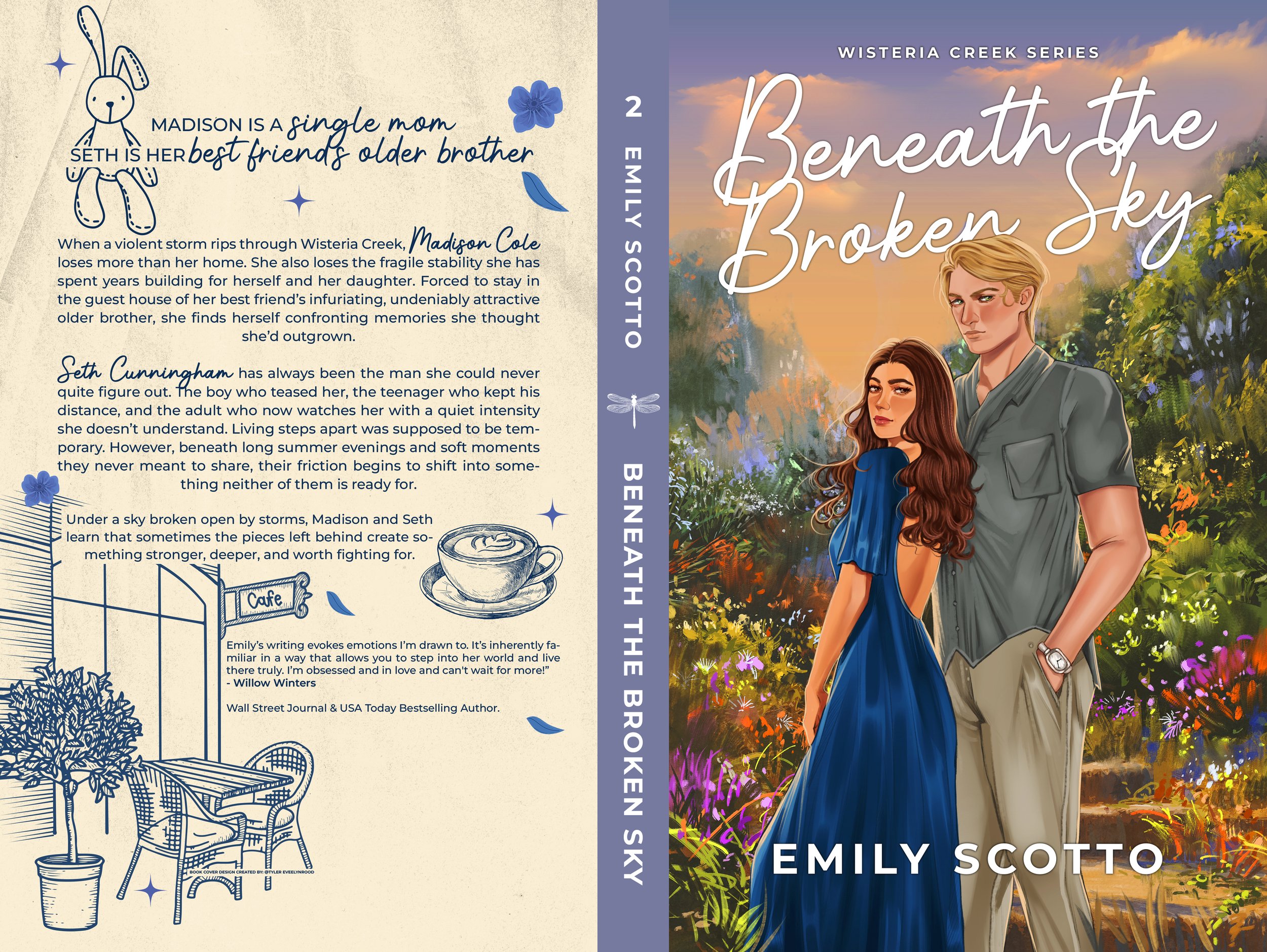 Portada de libro con ilustración de un joven y una joven en un entorno natural con flores y árboles, título 'Beneath the Broken Sky', serie Wisteria Creek, autora Emily Scott