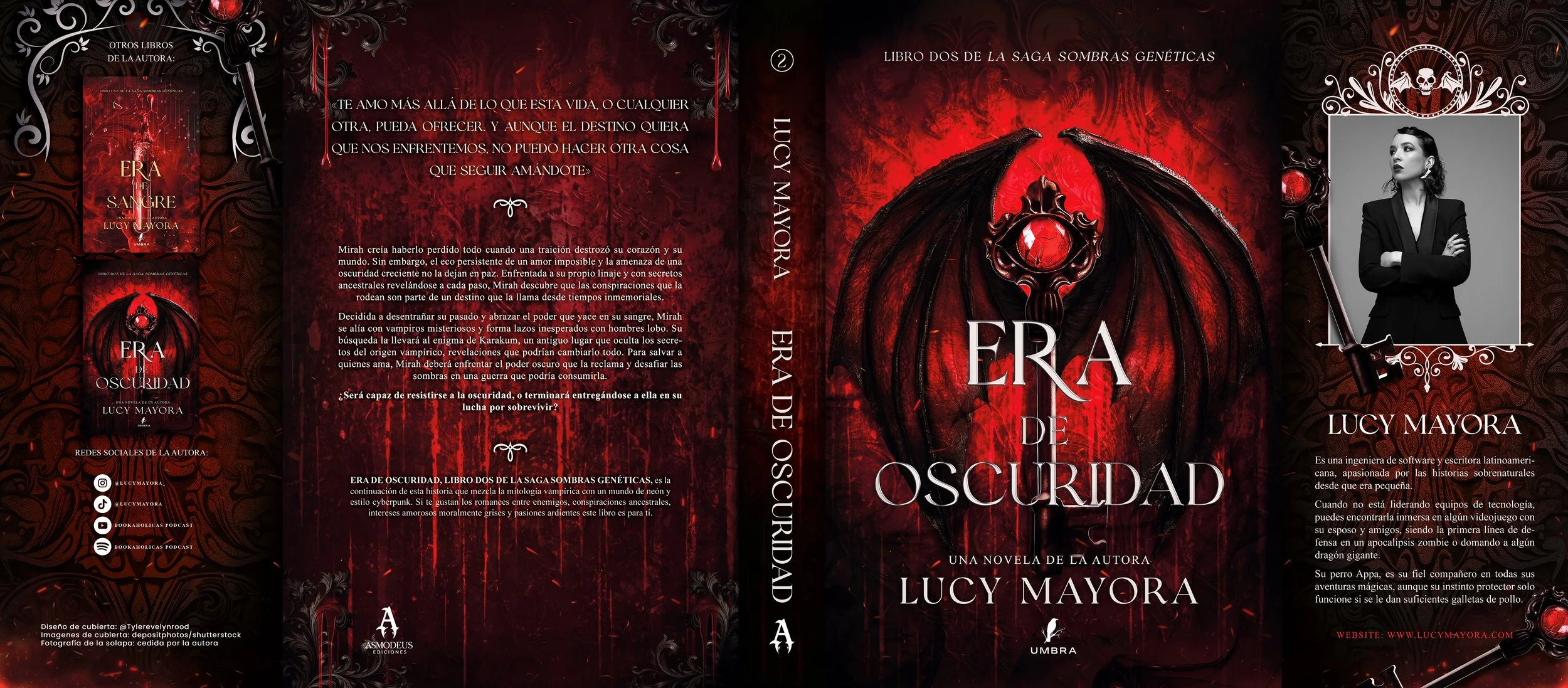 Portada del libro titulado "Era de oscuridad" con una ilustración de alas negras y un ojo en el centro, fondo rojo oscuro con detalles decorativos. La autora es Lucy Mayora y también hay una foto en blanco y negro de ella en la parte trasera.