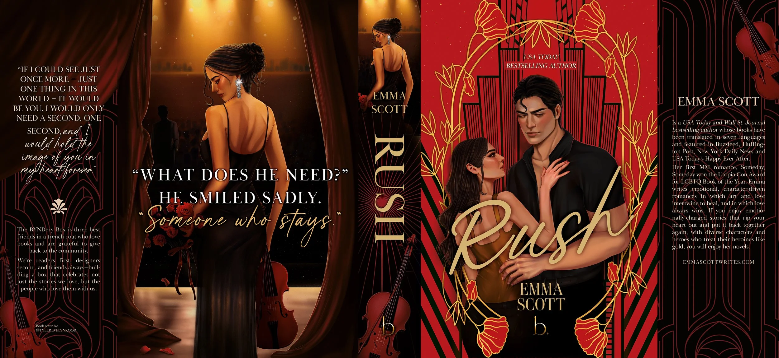 Portada del libro 'Rush' de Emma Scott, con ilustraciones de una mujer con vestido negro y un hombre con camisa negra abrazados en el centro, rodeados de un marco decorativo dorado con flores rojas y fondo rojo con líneas negras. A la izquierda, una 