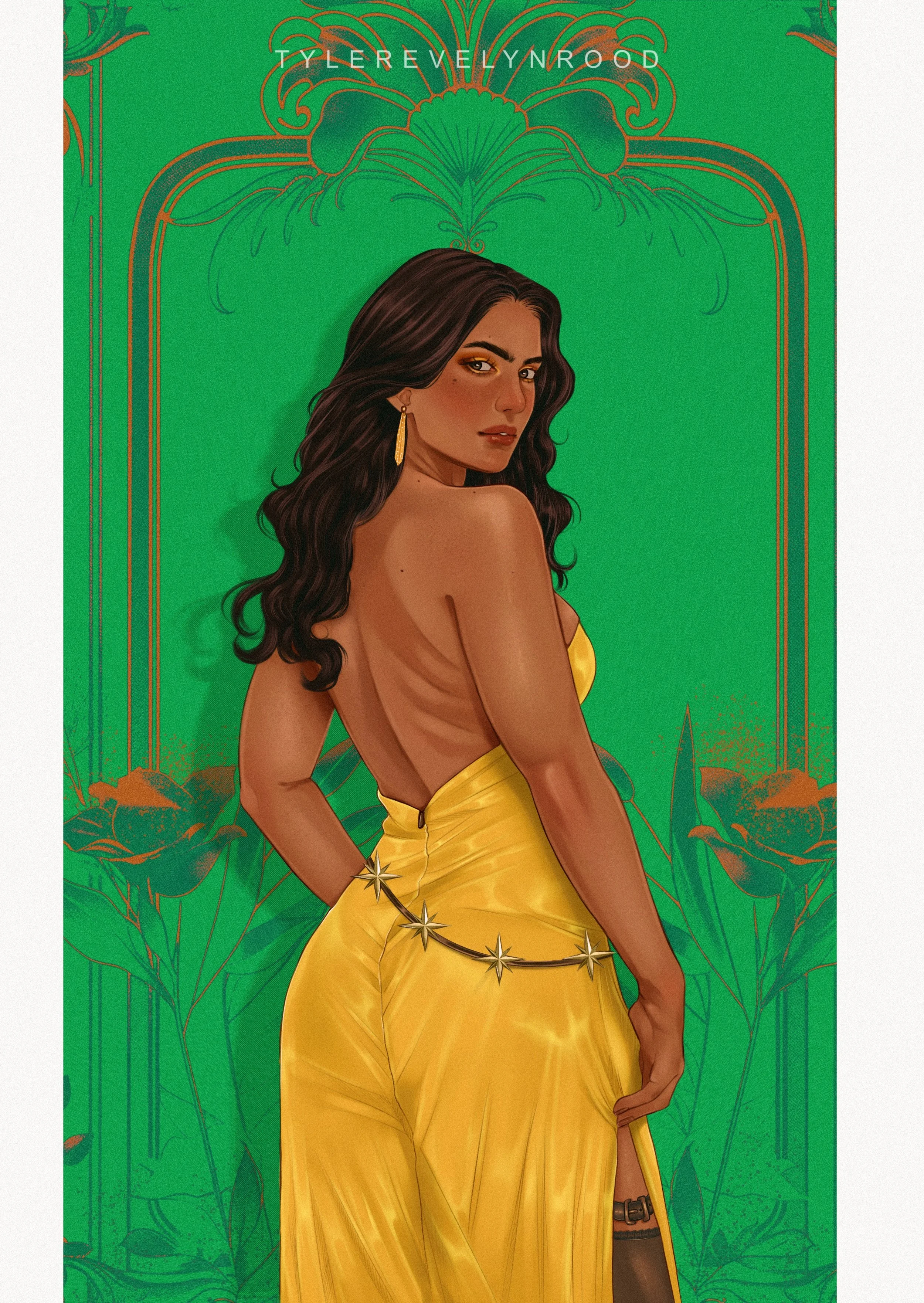 Ilustración digital de una mujer con piel morena, cabello oscuro y rizado, vestida con un conjunto en tonos amarillos, con accesorios dorados y un cinturón con estrellas. Ella se encuentra de espaldas, mirando hacia atrás con expresión segura. El fon