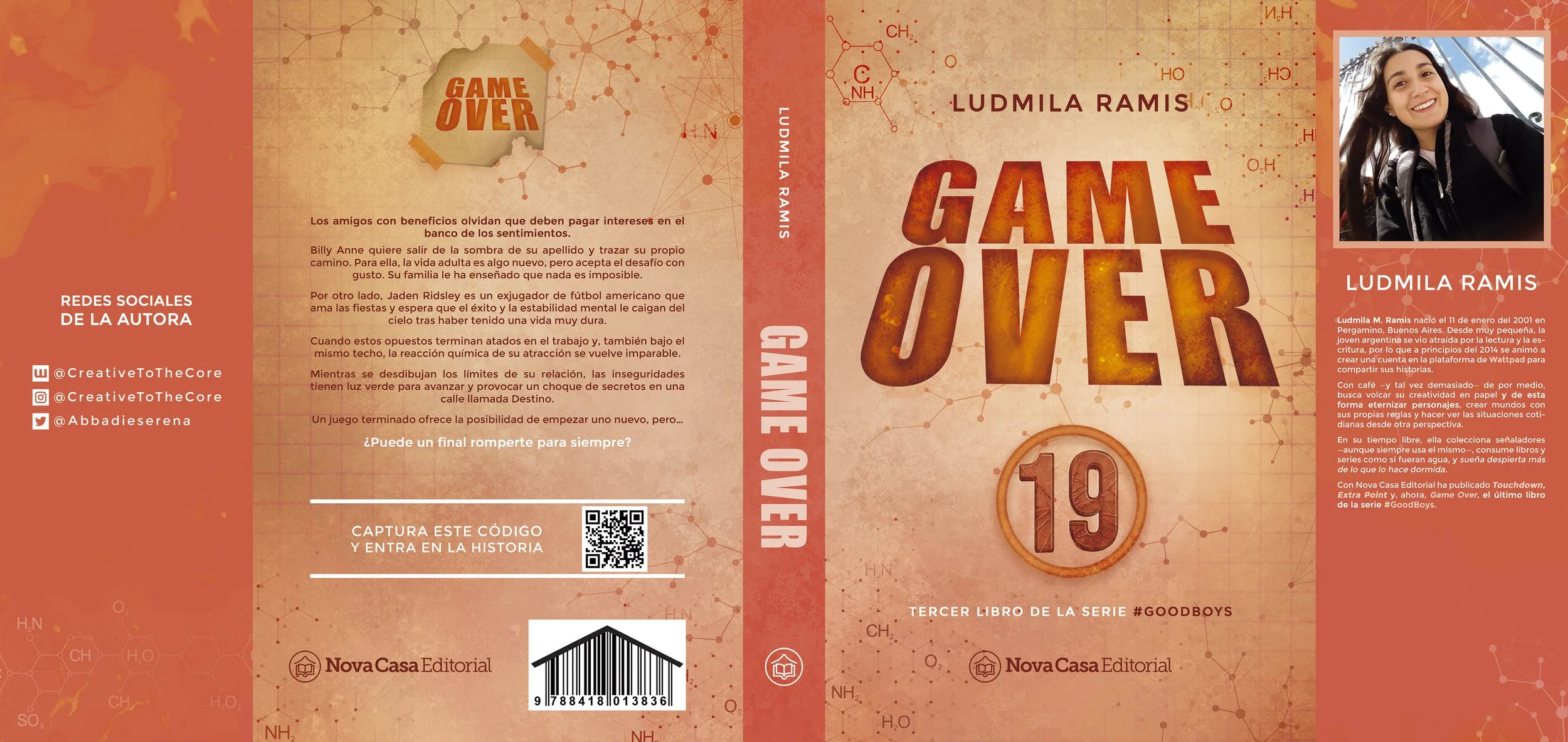 Portada del libro 'Game Over' de Ludmila Ramis, con título en letras grandes y fondo de esquema molecular. En la esquina superior derecha hay una foto de la autora Ludmila Ramis, una mujer joven con cabello largo, sonrisa y fondo con barras de un edi