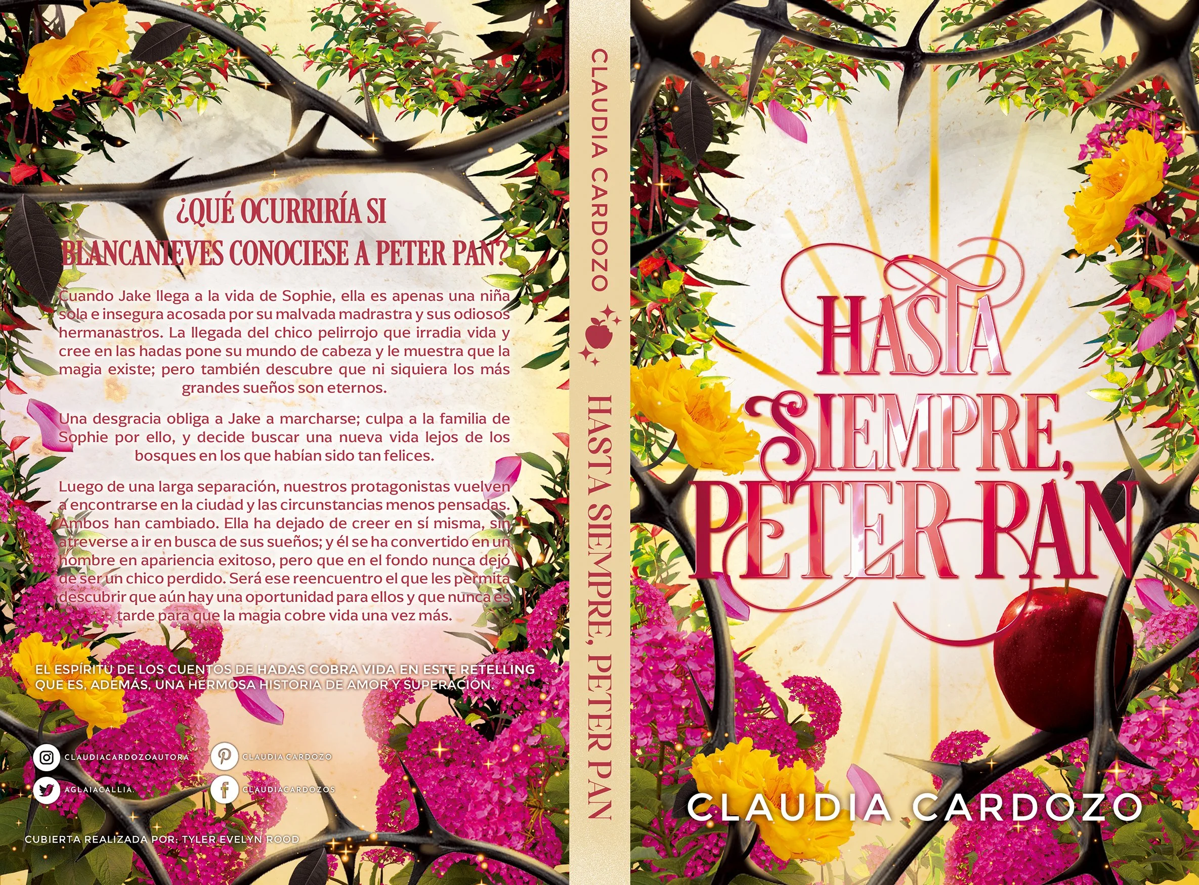 Diseño de portada de libro con fondo de flores y ramas de espinas, título en letras grandes y color rosa, y texto adicional en la parte izquierda con fondo floreado.