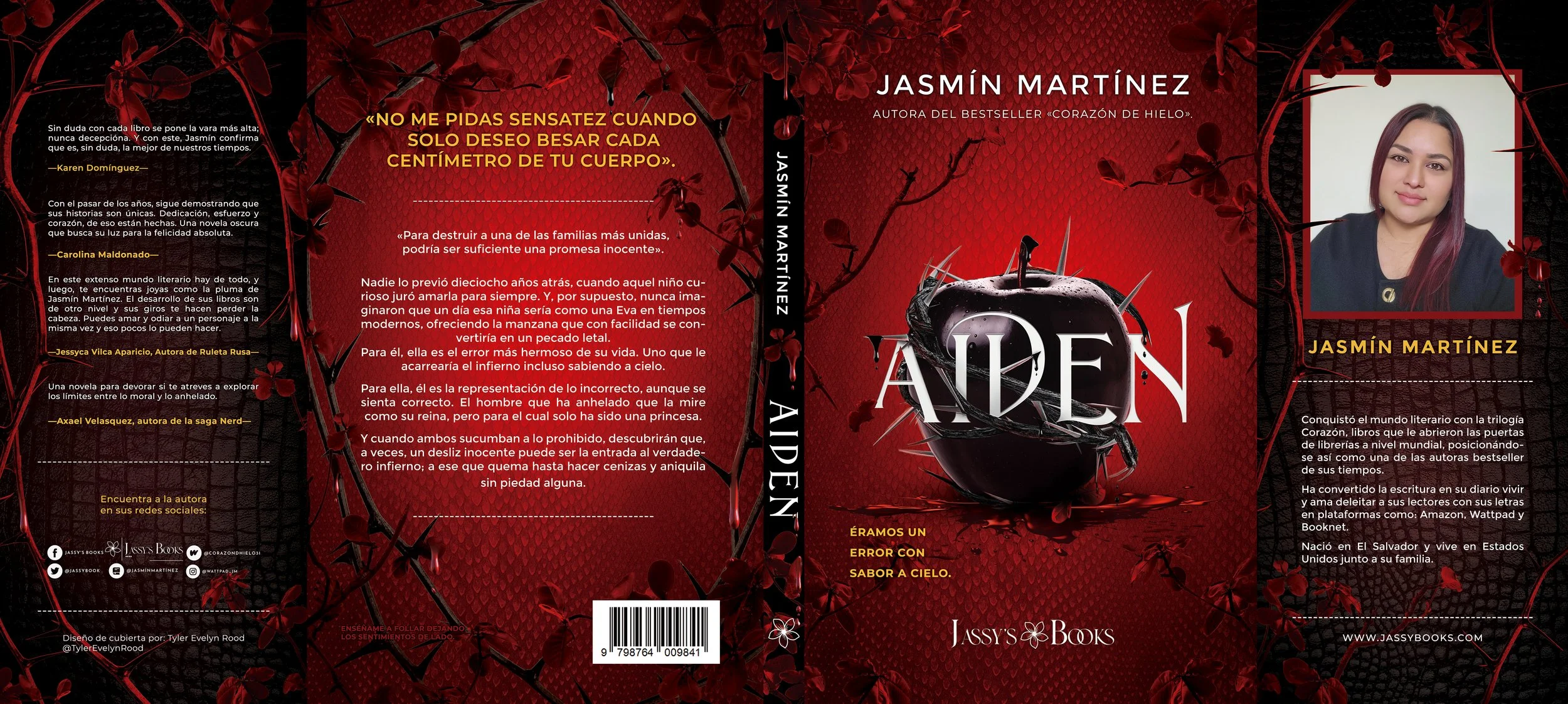 Portada del libro titulado 'Aiden' de Jasmín Martínez, con un fondo rojo oscuro con ramas y flores negras, y una calavera negra con espinas en la parte central. A la derecha, una fotografía de la autora Jasmín Martínez, con cabello castaño y puesta e