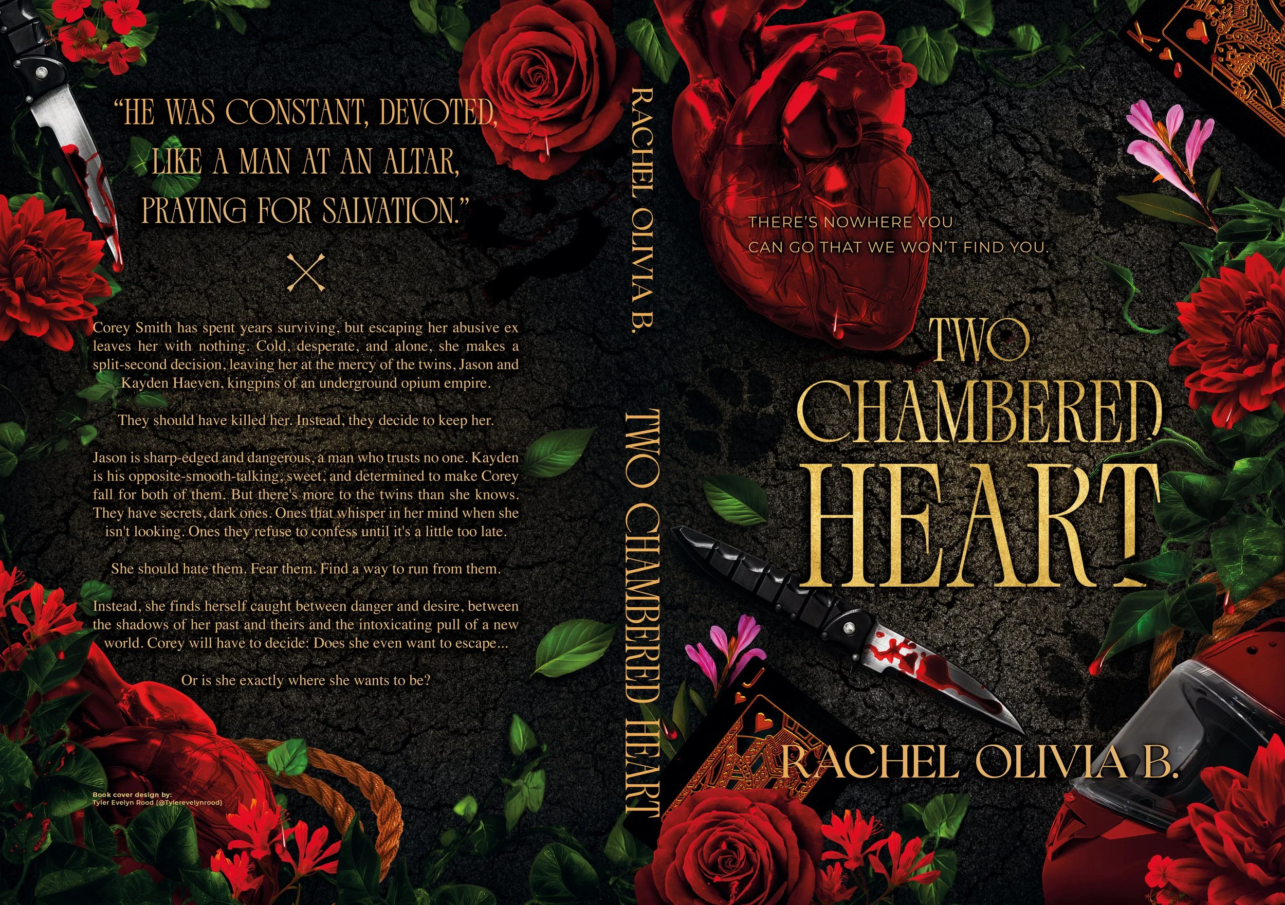 Diseño de portada de libro con rosas rojas, flores rosadas, cuchillo con sangre, corazón rojo anatómico y cartas de póker, texto en inglés y español sobre una superficie negra áspera.