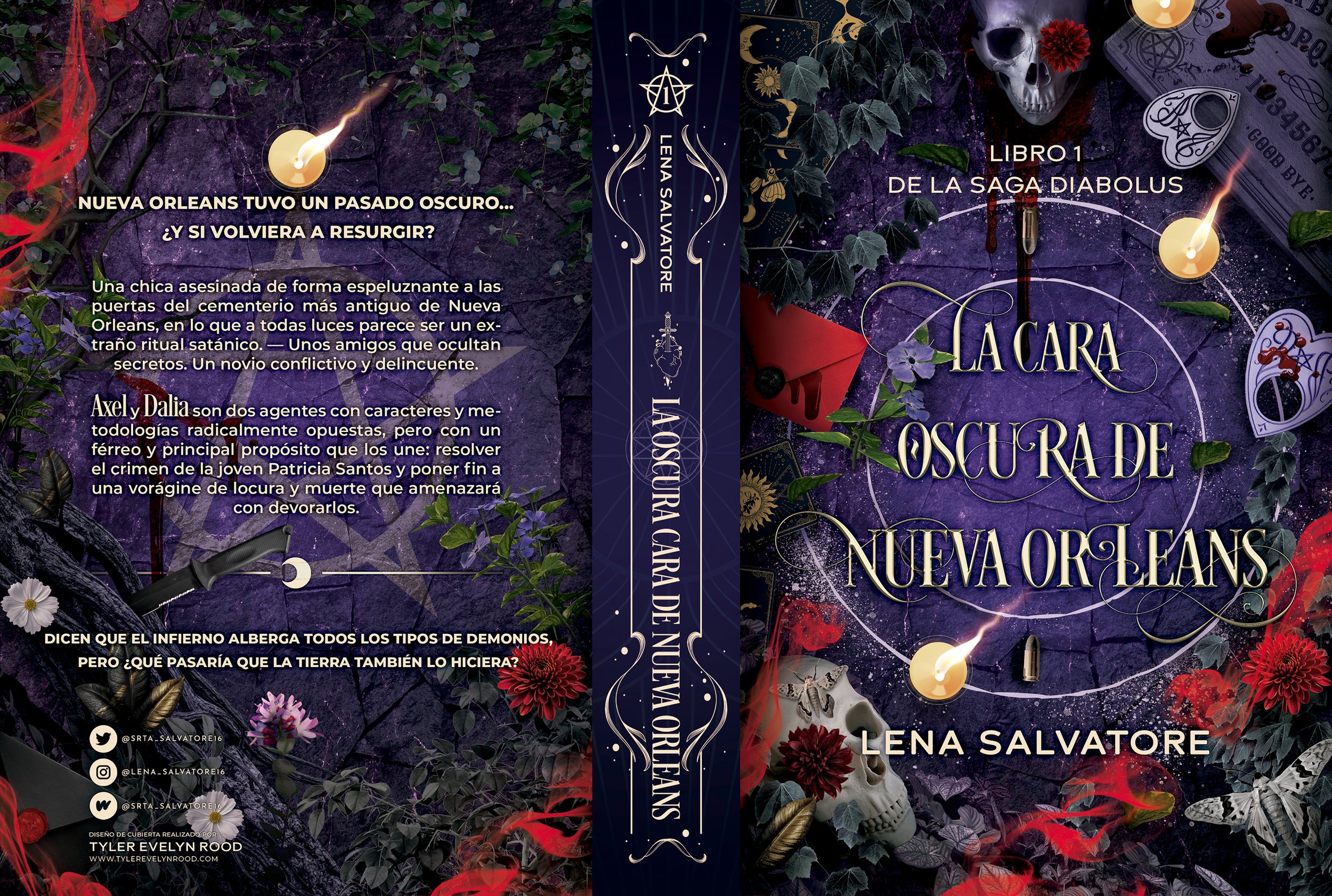 Portada de libro titulado 'La cara oscura de Nueva Orleans' con elementos oscuros y misteriosos, calaveras, cartas de póker, velas encendidas, hojas y flores, en un diseño temático de lo oculto y lo sobrenatural.