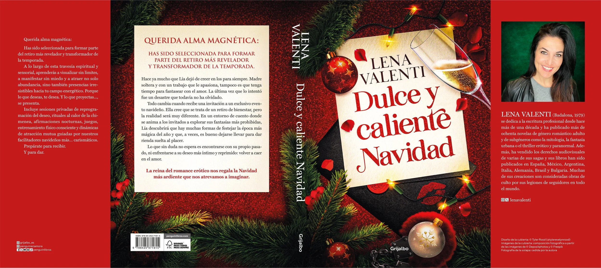Portada del libro titulado 'Dulce y caliente Navidad' de Lena Valenti, con una imagen de una copa de vino espumoso, decoraciones navideñas, y un retrato de una mujer con cabello oscuro y camiseta gris