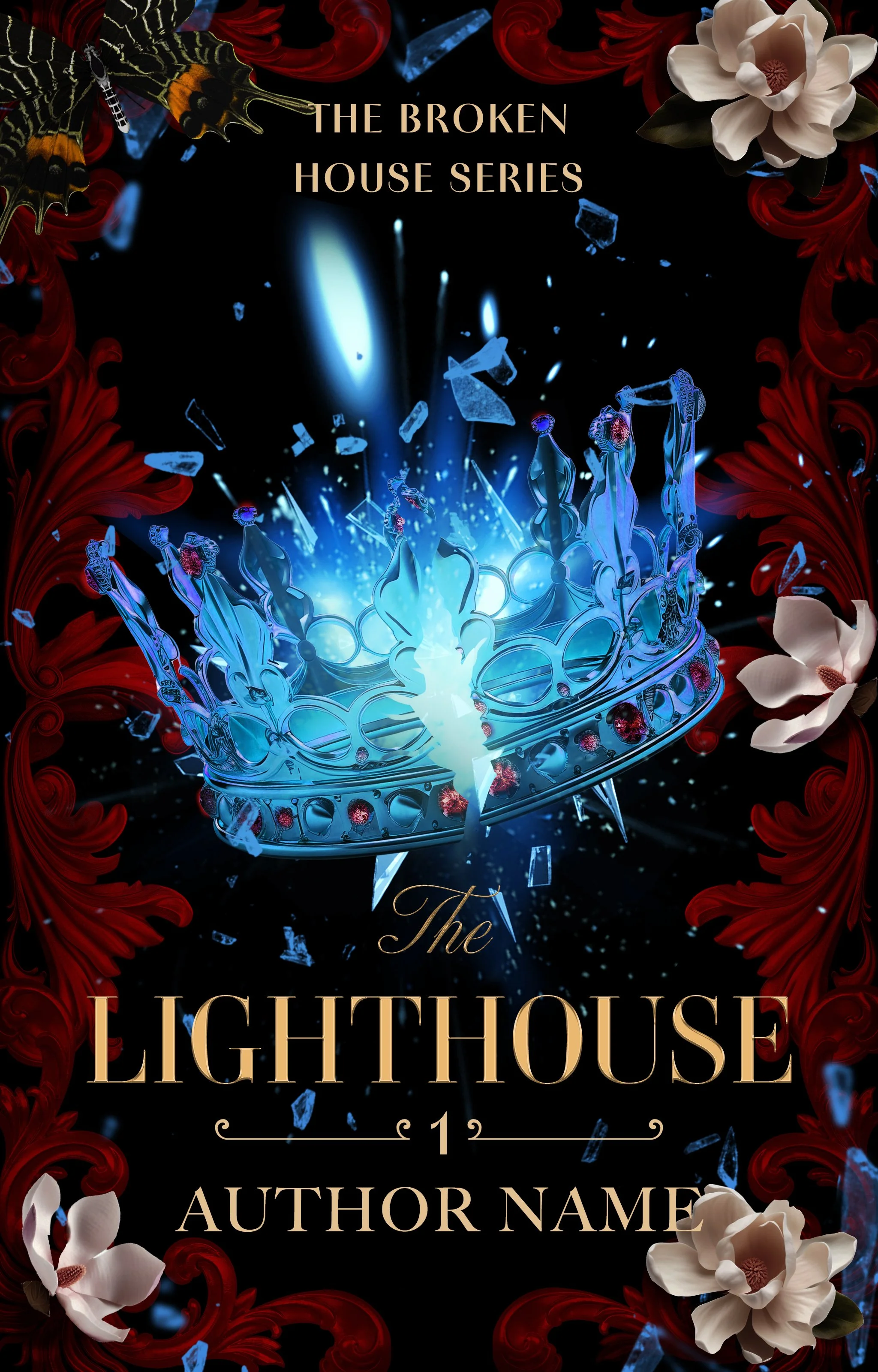 Portada de un libro titulado 'The Broken House Series: The Lighthouse' con una corona luminosa y fragmentos de vidrio brillante en un fondo oscuro, rodeado de flores blancas y motivos rojos.