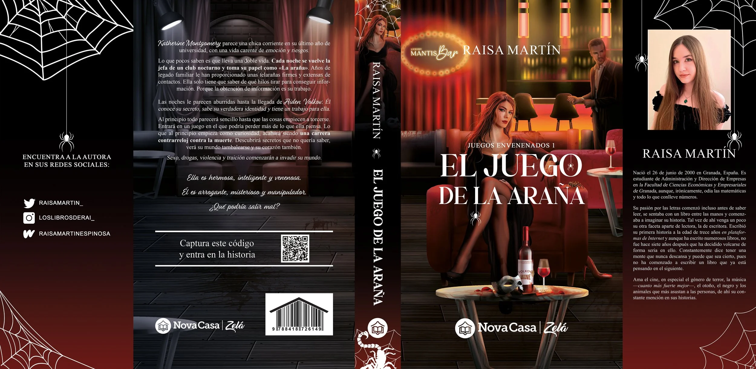 Diseño de portada y contraportada de un libro titulado 'El Juego de la Araña', con temática de terror y fantasía, mostrando personajes misteriosos en un ambiente oscuro con telarañas y una araña, además de fotos de la autora en diferentes lugares de 