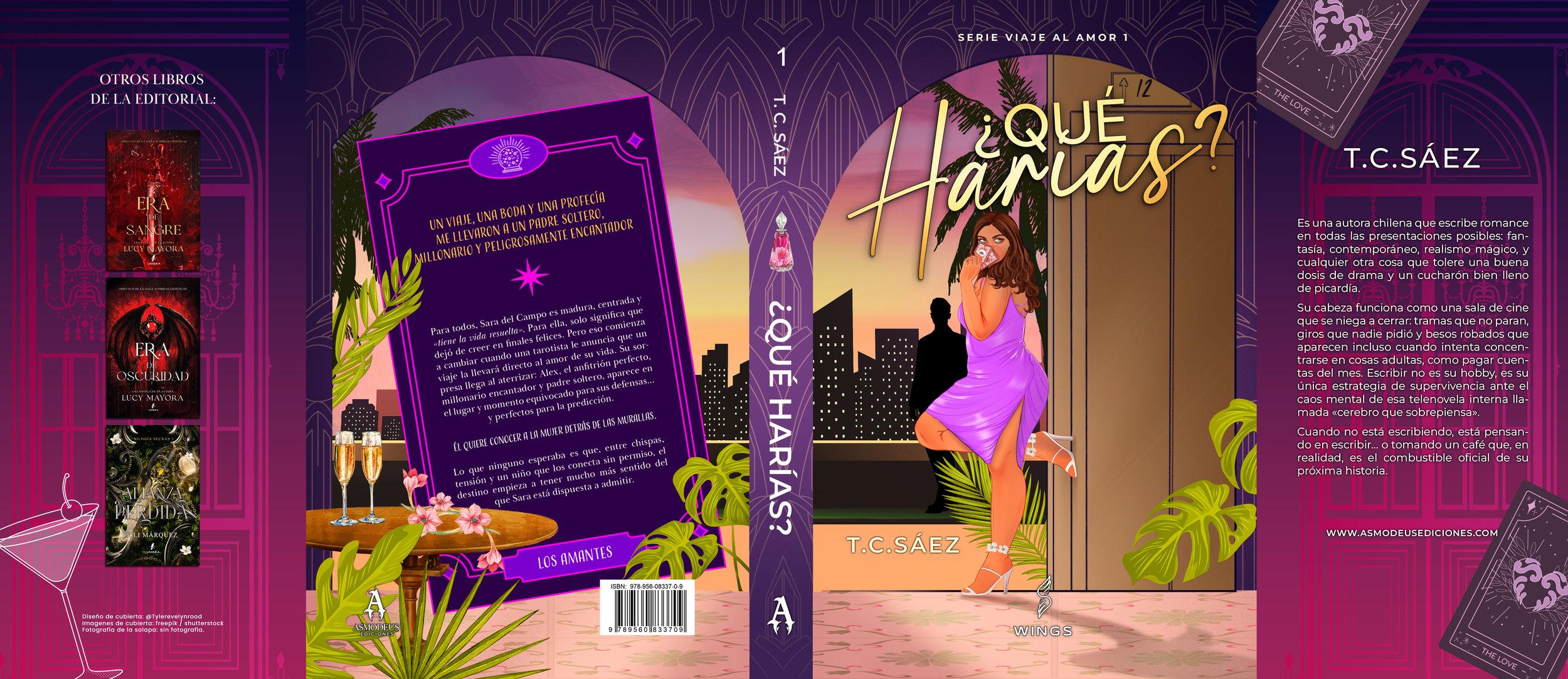 Portada del libro titulado "¿Qué harías?" mostrando una mujer con vestido morado sentada en una ventana con vista a una ciudad al atardecer. Incluye información del autor T.C. Sáez y detalles de la portada y contraportada con ilustraciones y texto.