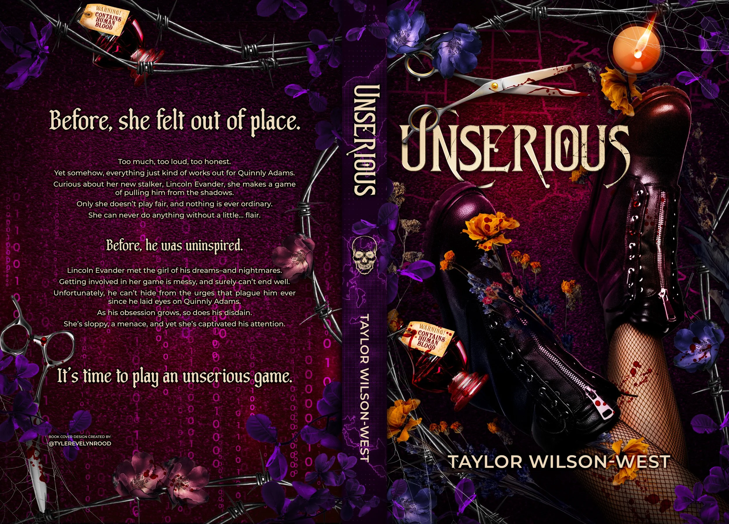 Portada de libro ficticio de color oscuro con elementos de neón y símbolos inquietantes, incluyendo tijeras con sangre, flores violetas, una pantalla de computadora con código binario, un candado y una vela encendida. Texto en el centro que dice 'Bef