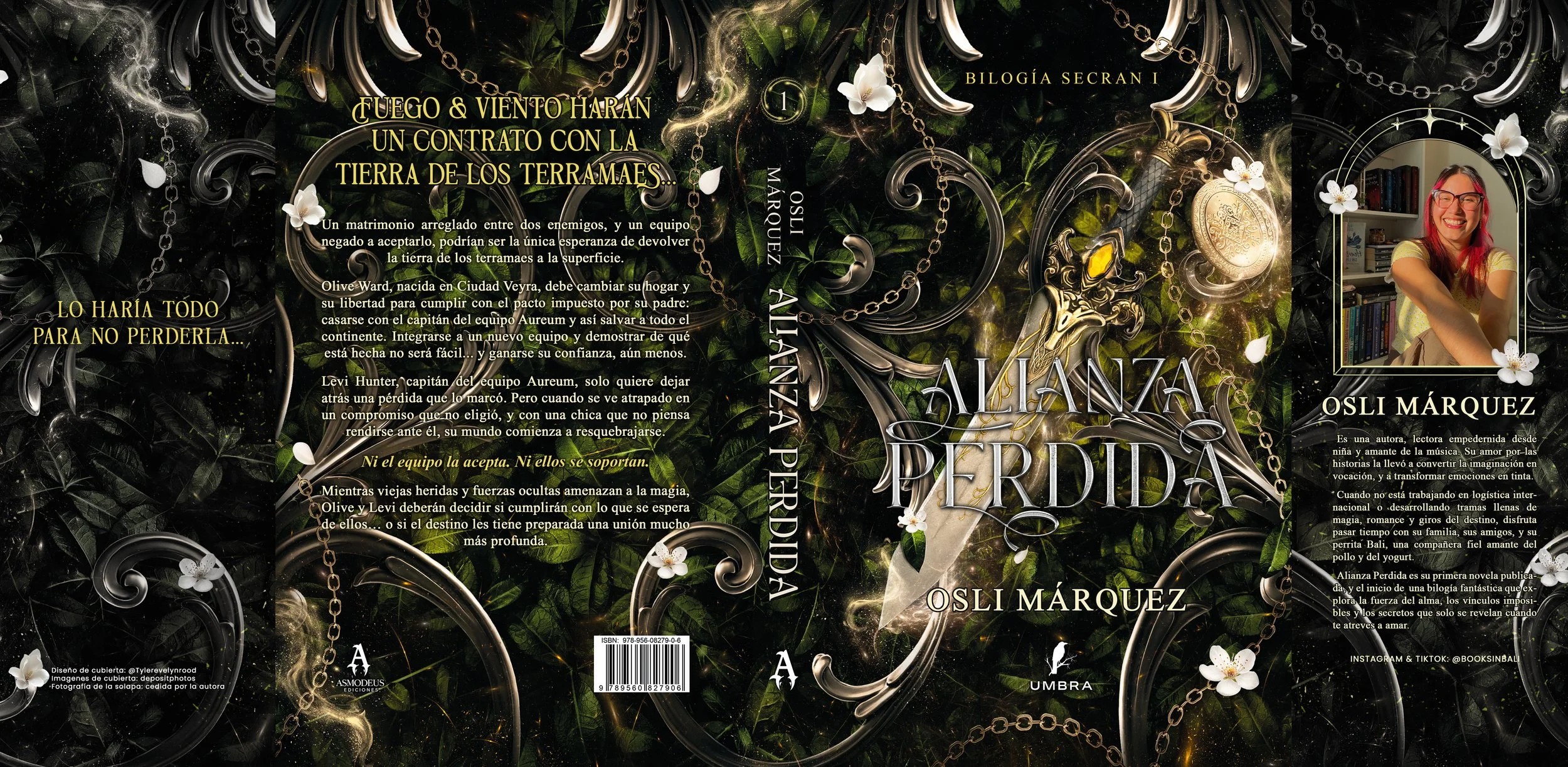 Portada del libro titulado 'Alianza Perdida' por Osli Márquez. Tiene un diseño con cadenas, flores blancas, y fotografías de una mujer con gafas y cabello rojo en la esquina derecha. Incluye texto en español sobre la historia del libro y la autora.