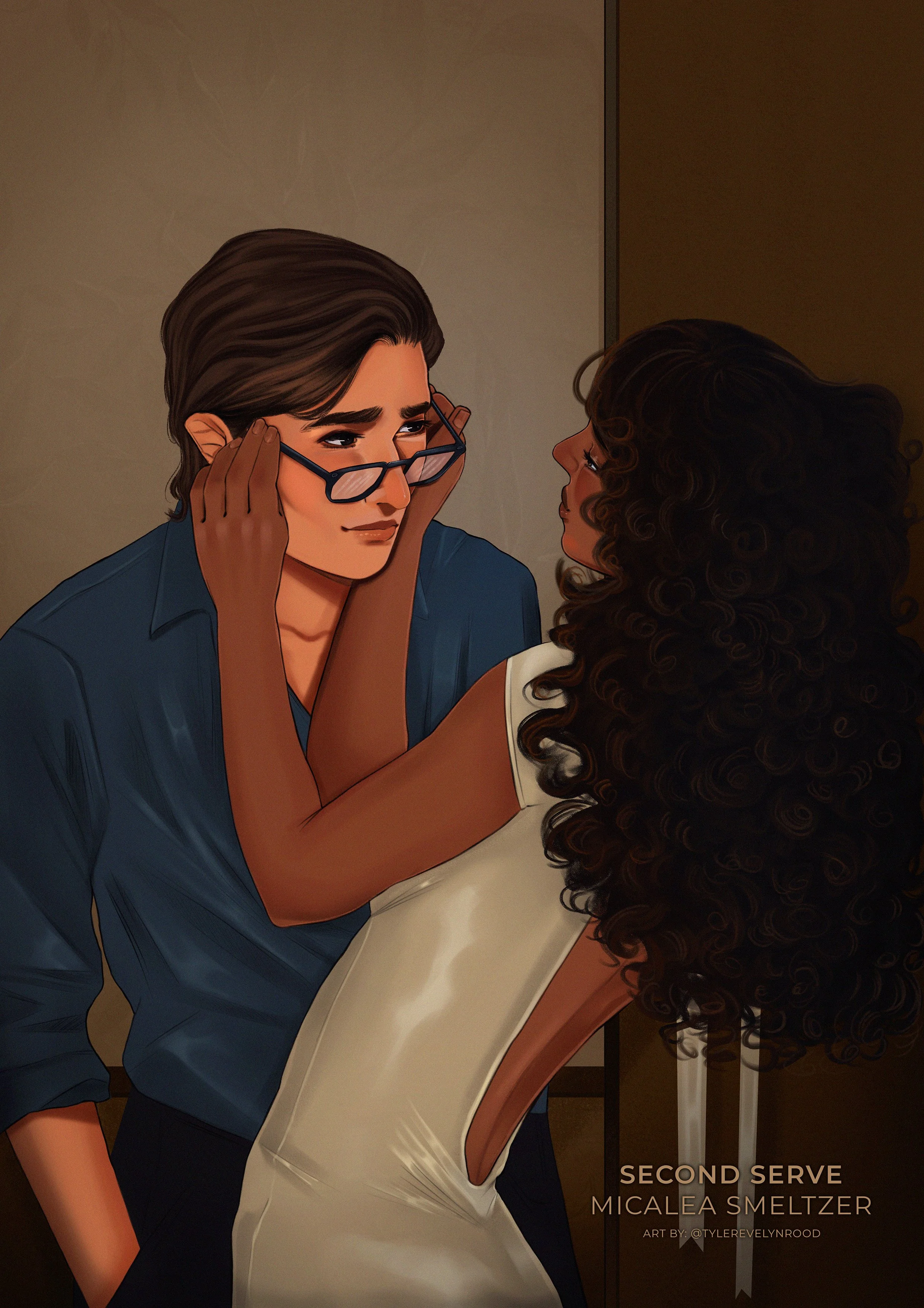 Ilustración de una pareja en una cafetería, la mujer toma los lentes del hombre mientras él los ajusta, fondo oscuro con texto que dice 'Second Serve' y nombres de artistas.