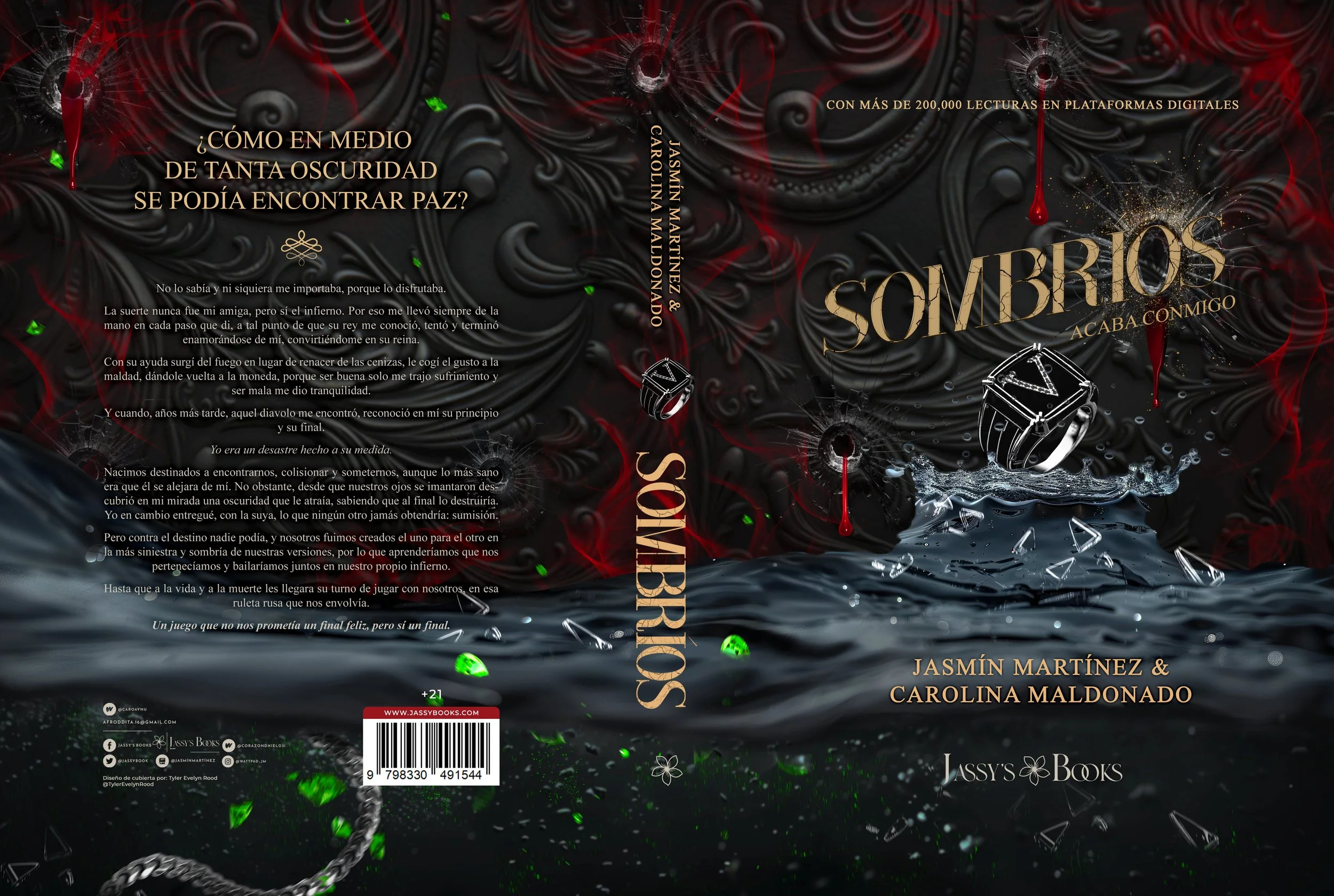 Portada del libro titulado "¿Cómo en medio de tanta oscuridad se podía encontrar paz?" de Jasmin Martínez y Carolina Maldonado, con fondo oscuro, destellos y cadenas, logotipos de redes sociales y un código de barras.