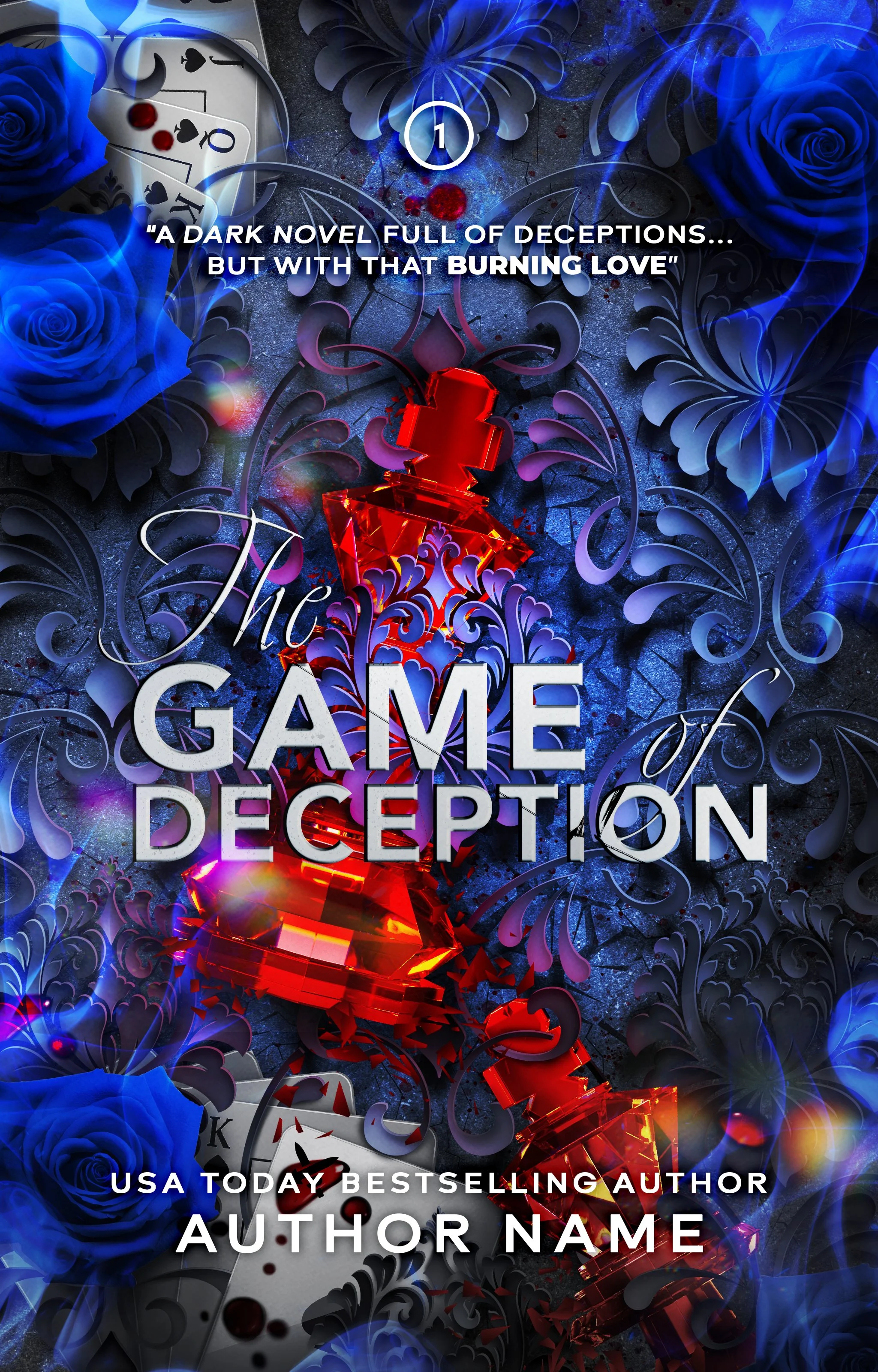 Portada de libro con rosas azules, cartas y un corazón de diamantes rojos, con texto que dice 'El Juego de la Decepción', una frase en inglés, y espacio para el autor.