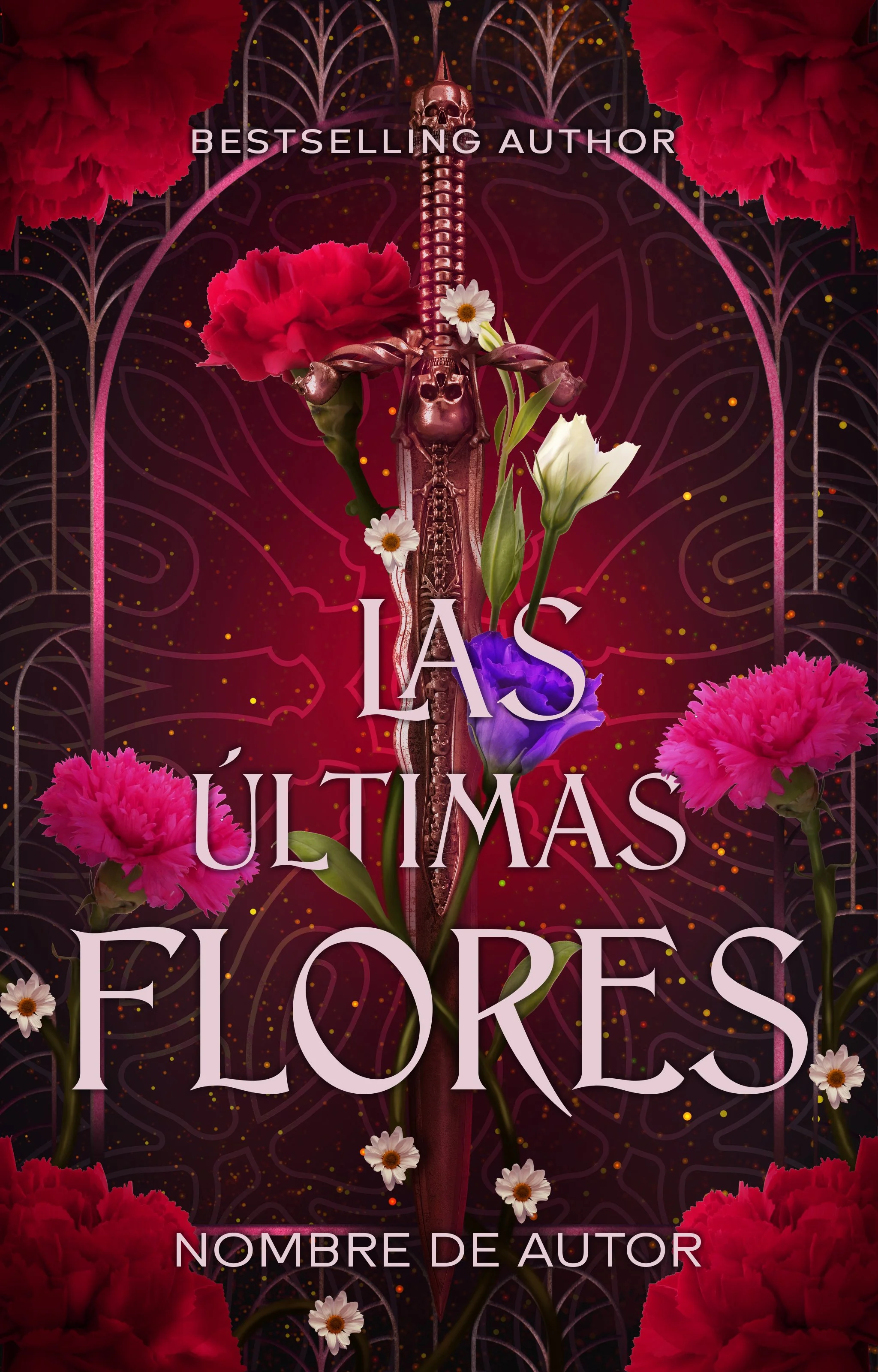 Portada de un libro con fondo oscuro y detalles de flores y patrones. En el centro, un símbolo de espada con un cráneo en la cabeza, rodeado de flores de diferentes colores y tamaños.