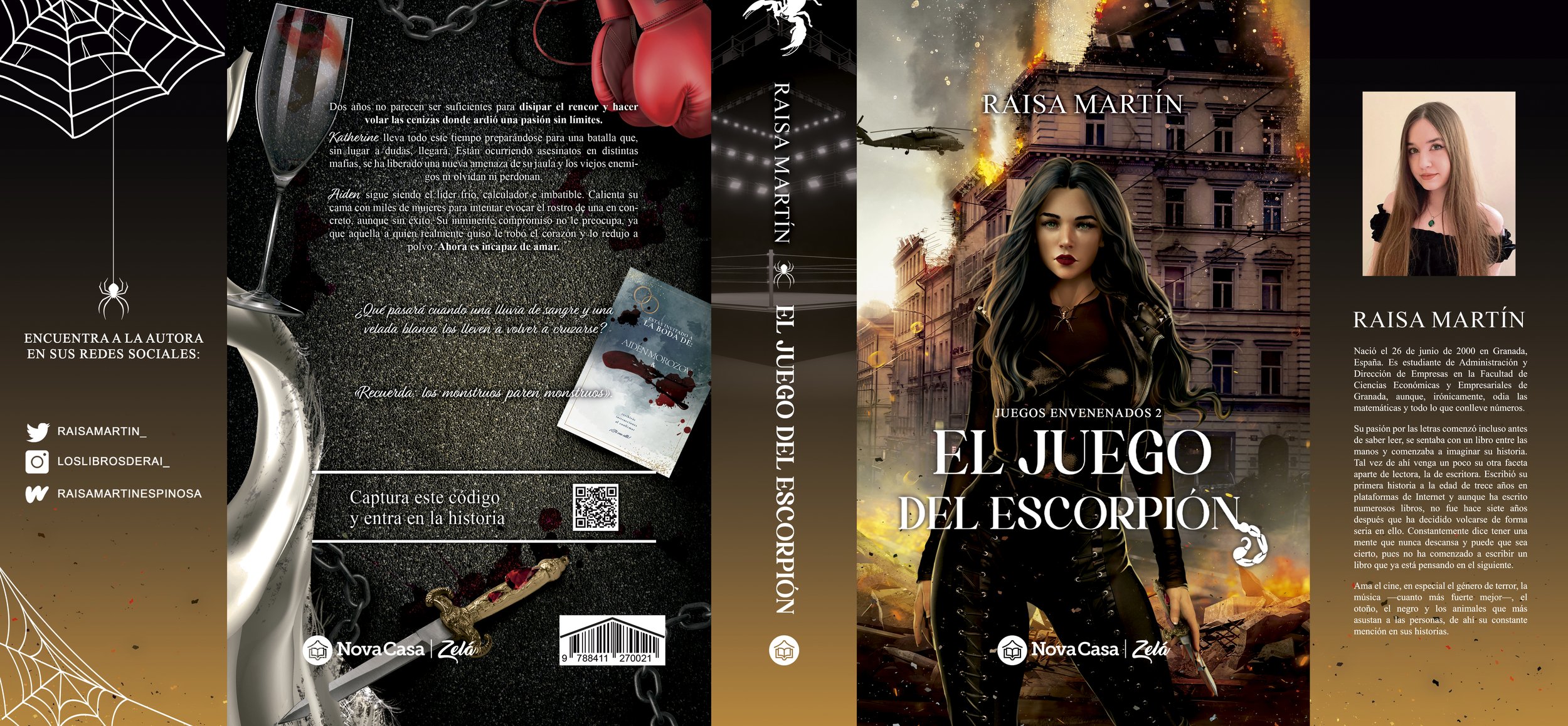 La portada del libro muestra a una mujer con cabello largo y oscuro, vestida con ropa negra, en un fondo de un edificio en llamas y humo. También hay imágenes de un dragón, un helicóptero y un coche con manchas de sangre. La portada tiene elementos d