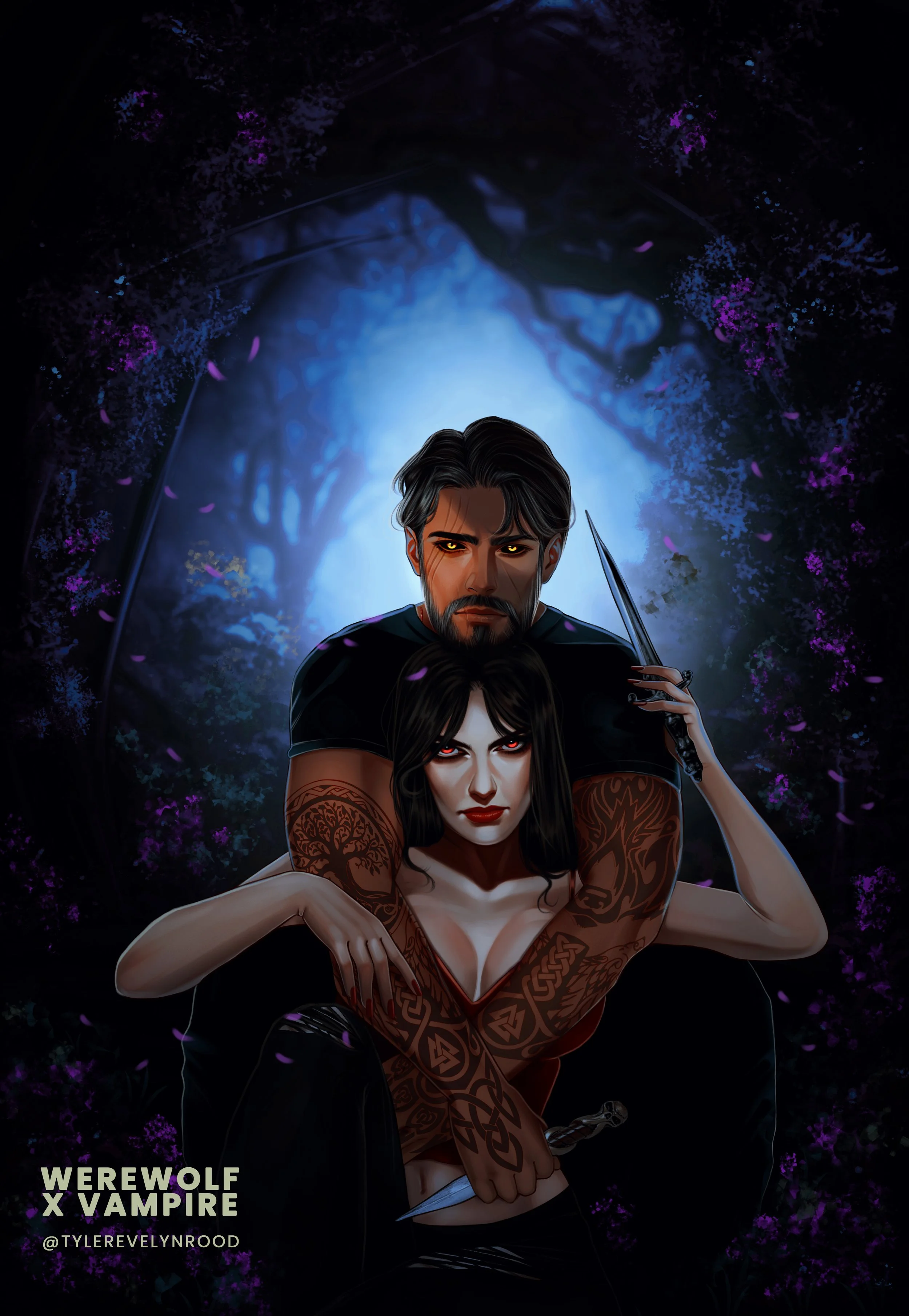 Ilustración digital de un hombre y una mujer con tatuajes y ojos amarillos, en un fondo oscuro con flores púrpuras, con el texto 'WEREWOLF X VAMPIRE' y '@TYLEREVELYNROOD' en la esquina inferior izquierda.