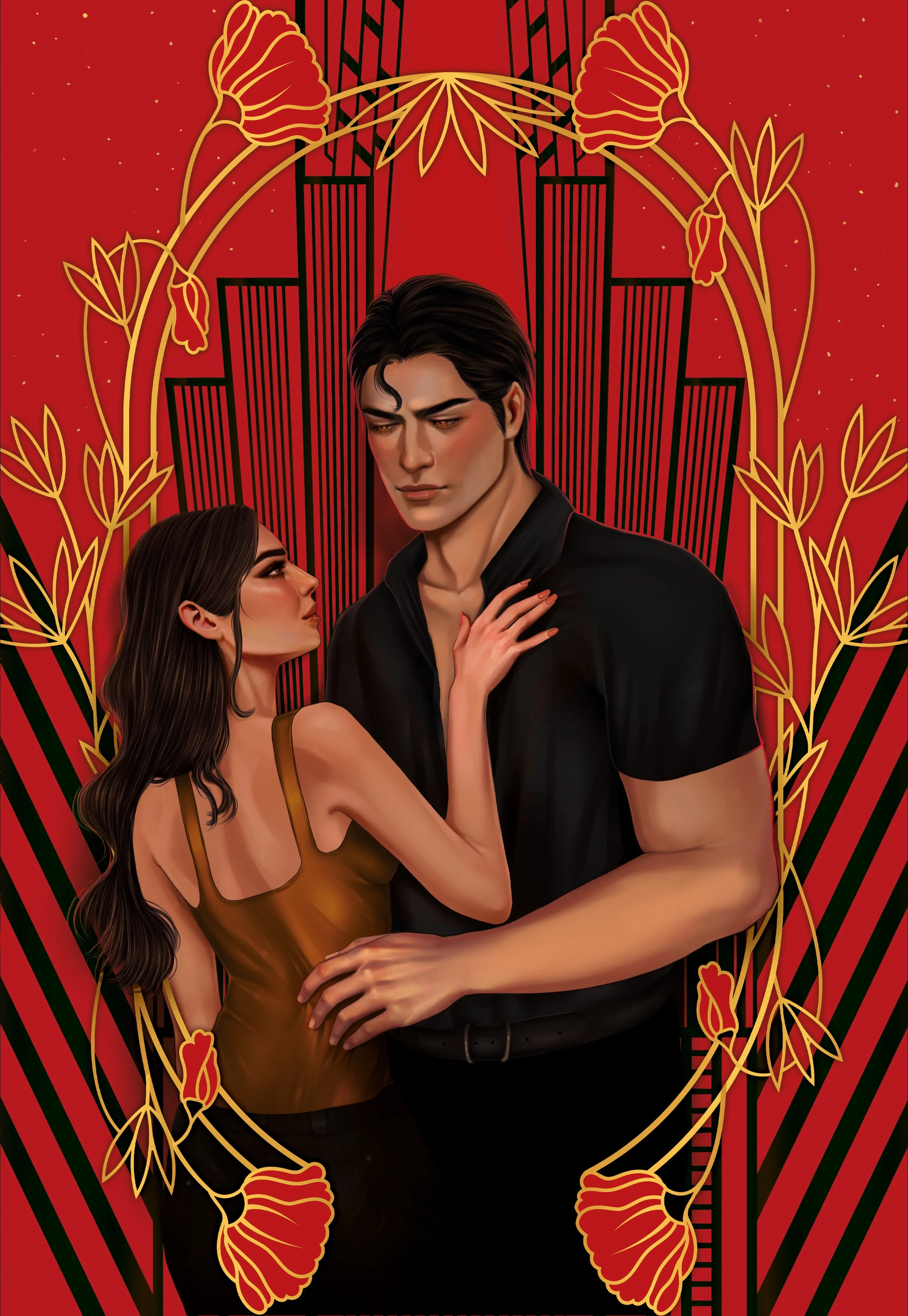 Una pareja joven en un abrazo cercano, ella con cabello largo y vestido dorado, él con cabello oscuro y ropa negra, en fondo rojo con diseño Art Deco y adornos dorados.