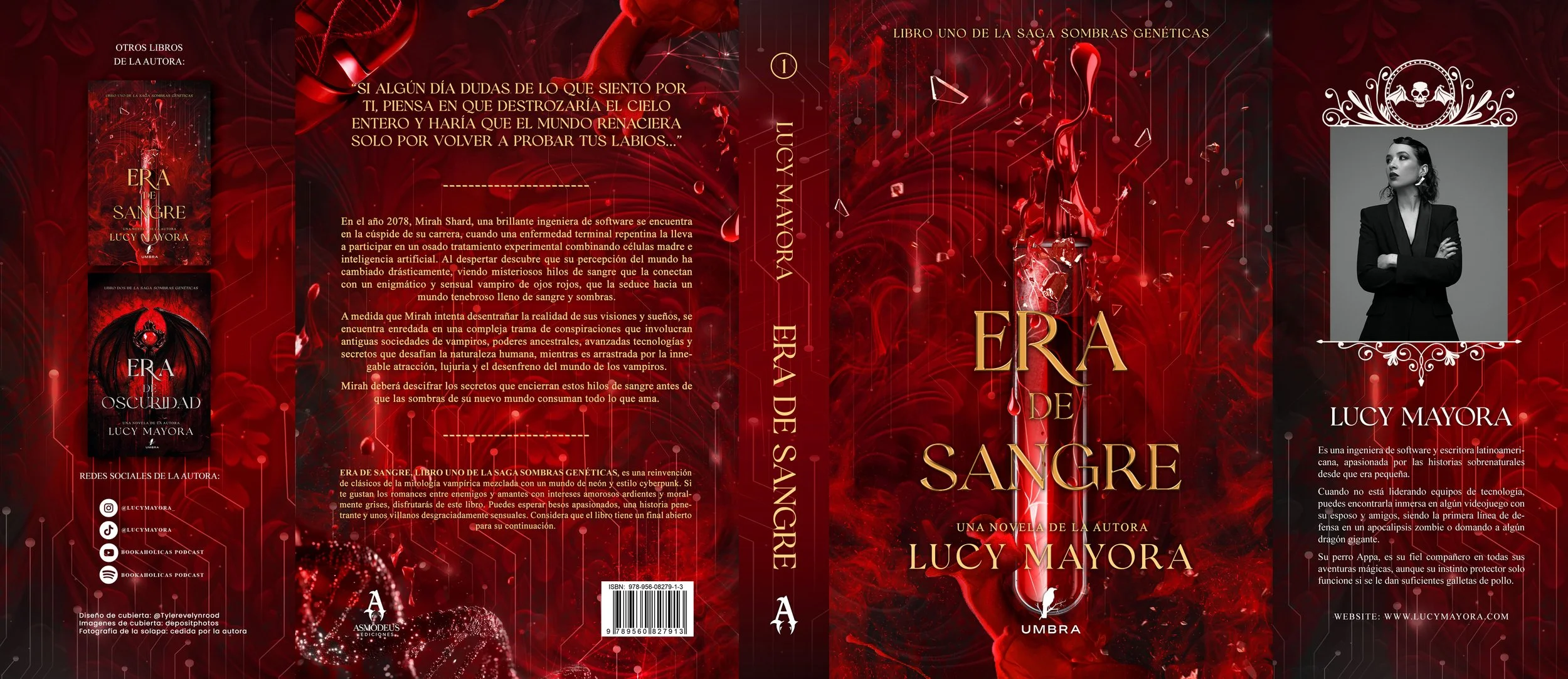 Portada del libro titulado "Era de Sangre" con fondo rojo y elementos tenebrosos, con un símbolo de una gota de sangre en el centro y una mujer con ropa negra en la parte posterior.