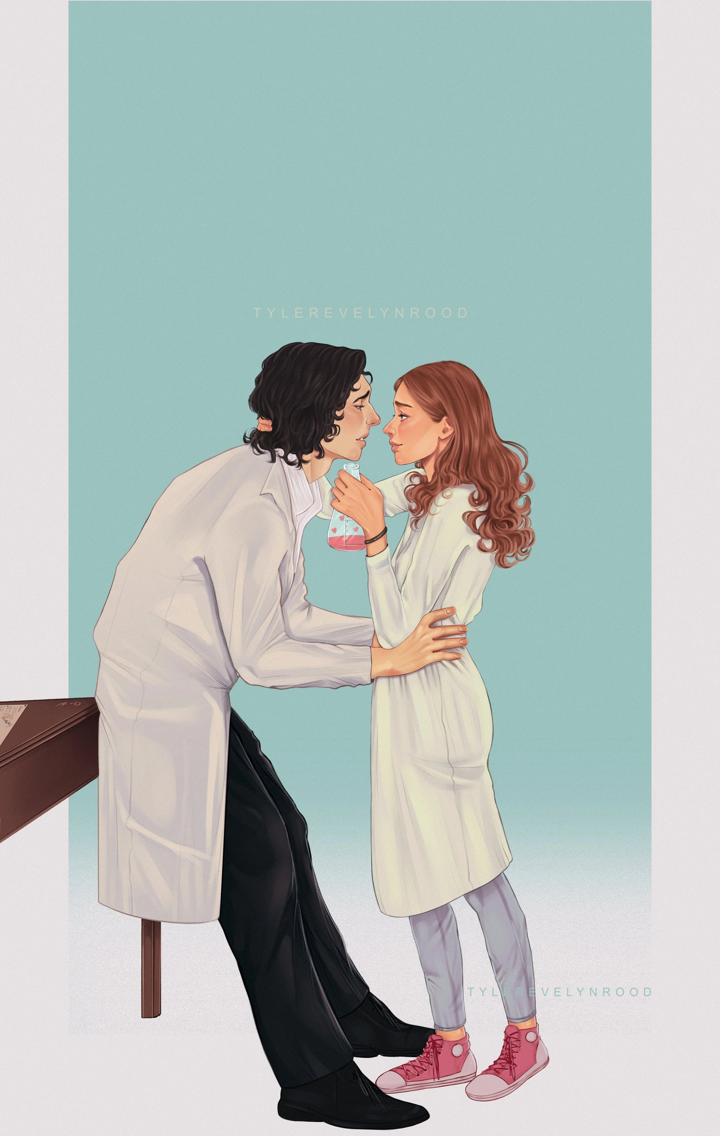 Ilustración de un hombre y una mujer mirándose a los ojos, la mujer sostiene un vaso con líquido rosa. La escena transmite cercanía y afecto.