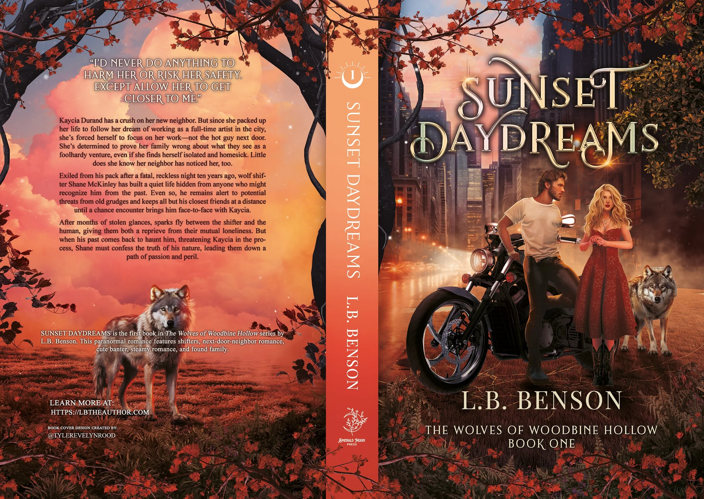 Portada del libro 'Sunset Daydreams' de L.B. Benson, con fondo de un atardecer en la ciudad, árboles con hojas rojizas, un hombre y una mujer en una motocicleta, un lobo en primer plano, y un gato en la esquina inferior derecha.