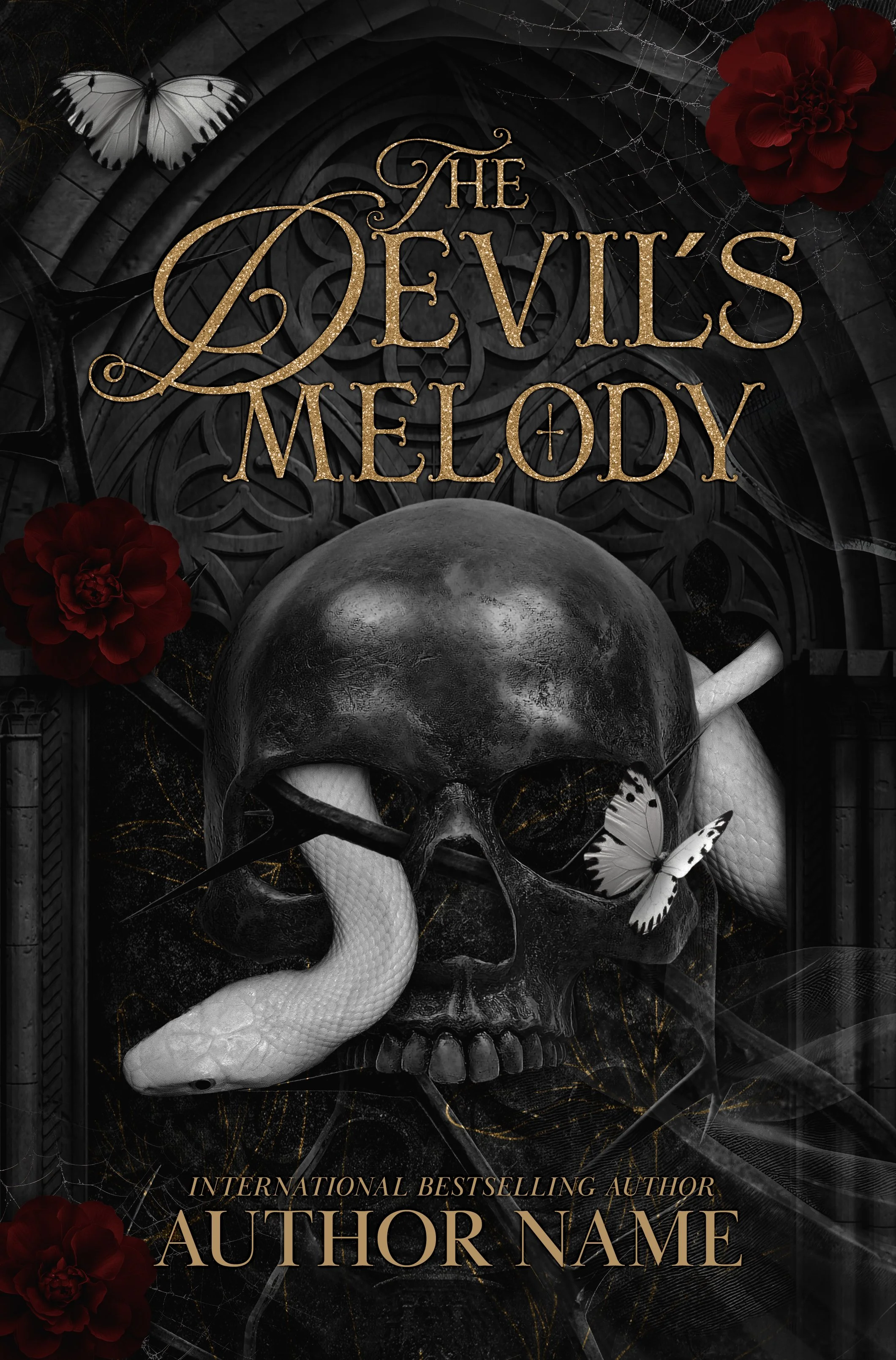 Portada de un libro oscuro con un cráneo, una serpiente y mariposas, con flores rojas y telarañas, y el título 'The Devil's Melody' en letras doradas y el texto 'Autor: Nombre del autor'.