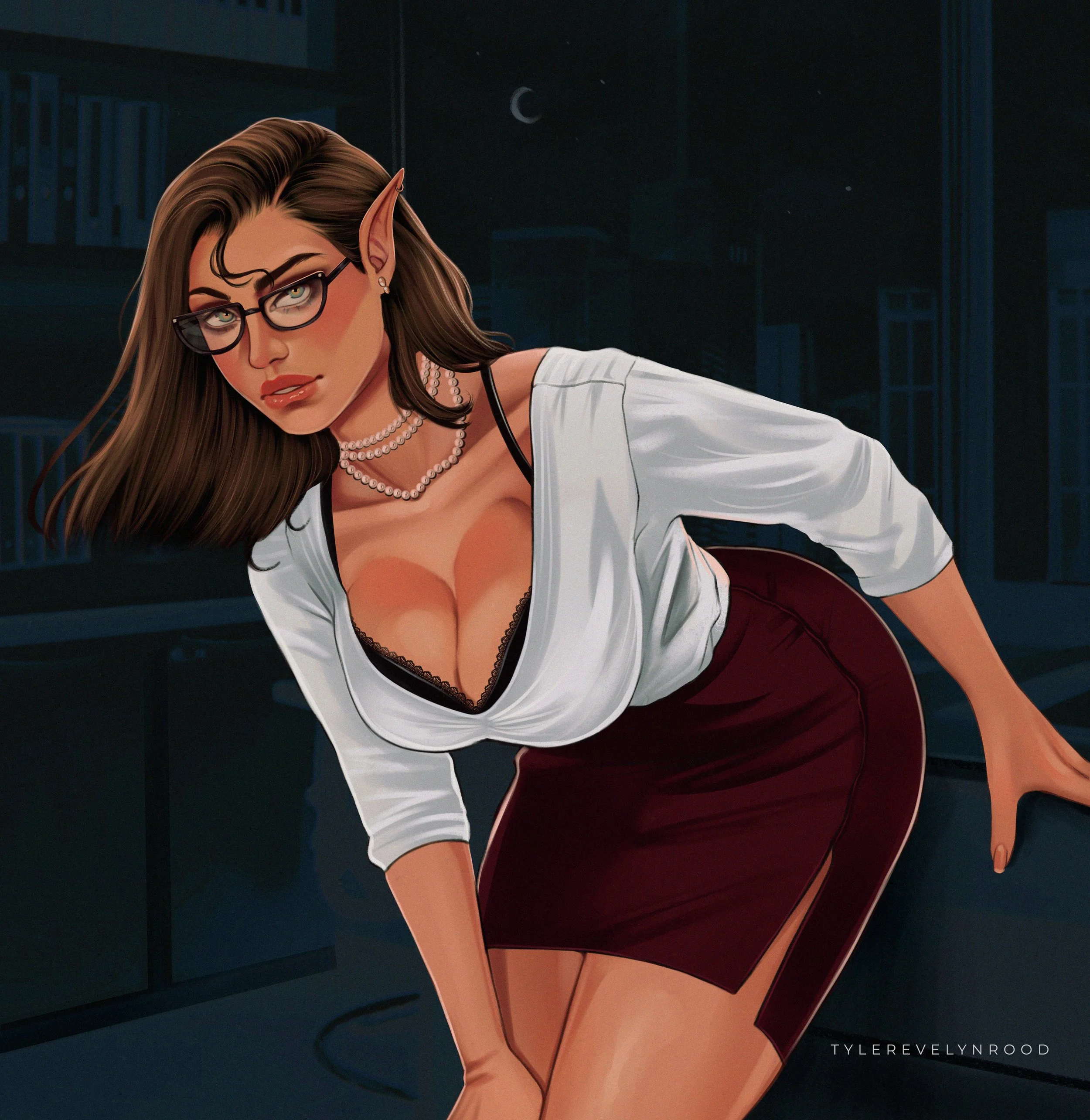 Ilustración digital de una mujer con orejas puntiagudas, gafas, peinado largo y ondulado, vestida con camisa blanca y falda roja, de fondo una escena nocturna con cielo estrellado, luna y edificios en silueta.