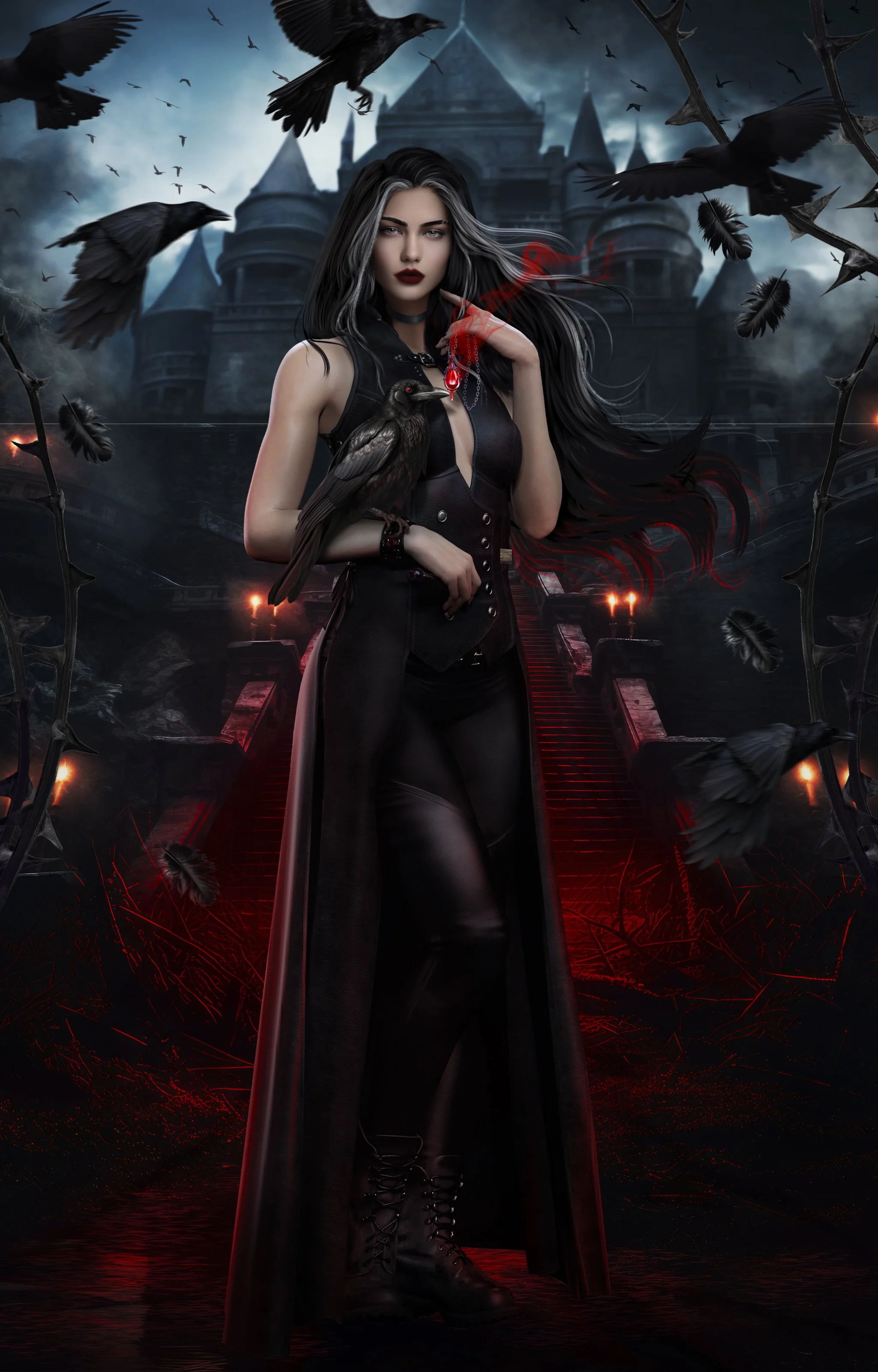 Mujer de cabello largo y negro con mechones grises, vestida con ropa negra y botas altas, sosteniendo un cuervo en su brazo, en un escenario oscuro con un castillo en el fondo y muchas aves negras volando alrededor, todo rodeado de detalles de sangre y oscuridad.