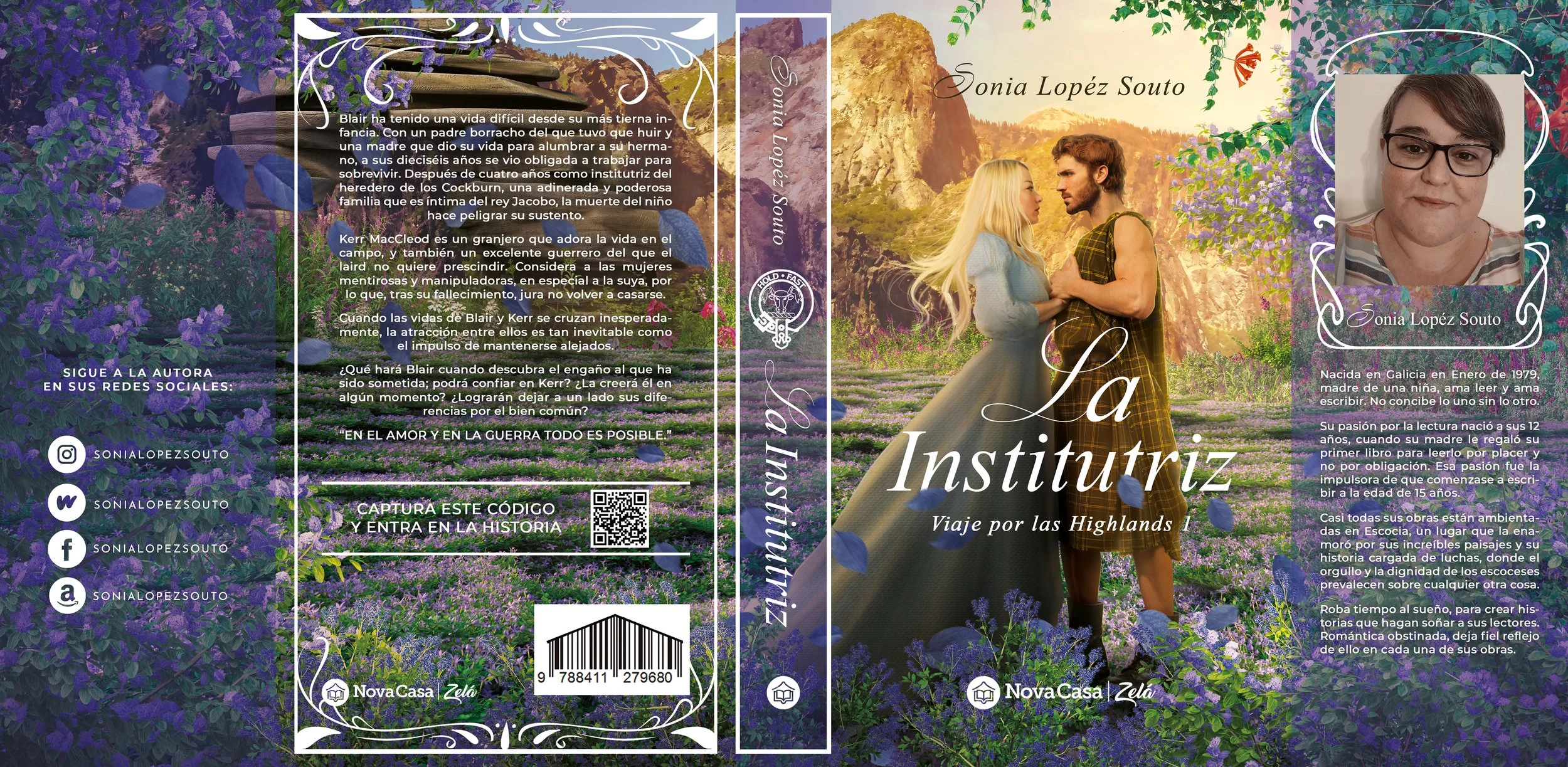 Cubierta del libro titulada 'La Institutriz' con una pareja en un paisaje de los Highlands con montañas y campo de lavanda, y un retrato de la autora Sonia López Souto con fondo de flores moradas.