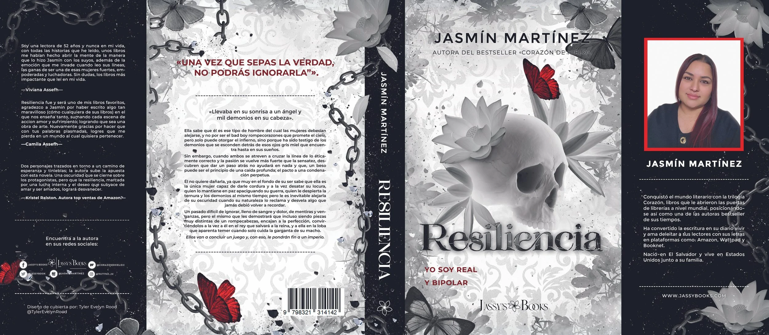 Portada del libro titulado 'Resiliencia' por Jasmin Martínez, con un fondo gris y blanco decorado con flores blancas, mariposas y cadenas negras, además de una ilustración de un cráneo. En la parte inferior derecha, la autora aparece en una fotografí