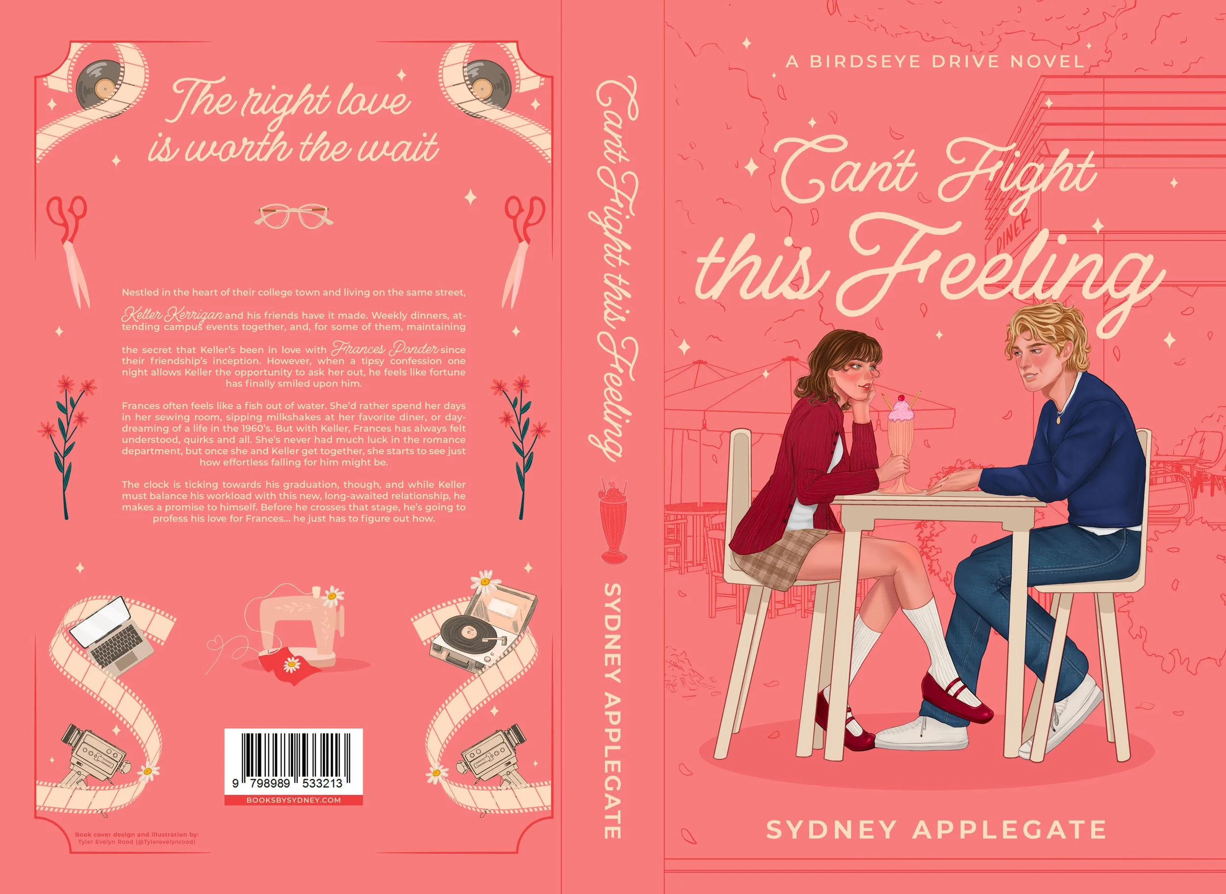 Portada de un libro titulado 'Can't Fight This Feeling' de Sydney Applegate, con ilustración de una pareja en una cita en un ambiente de cafetería, en tonos rosa y detalles retro como un tocadiscos y cámara fotográfica.