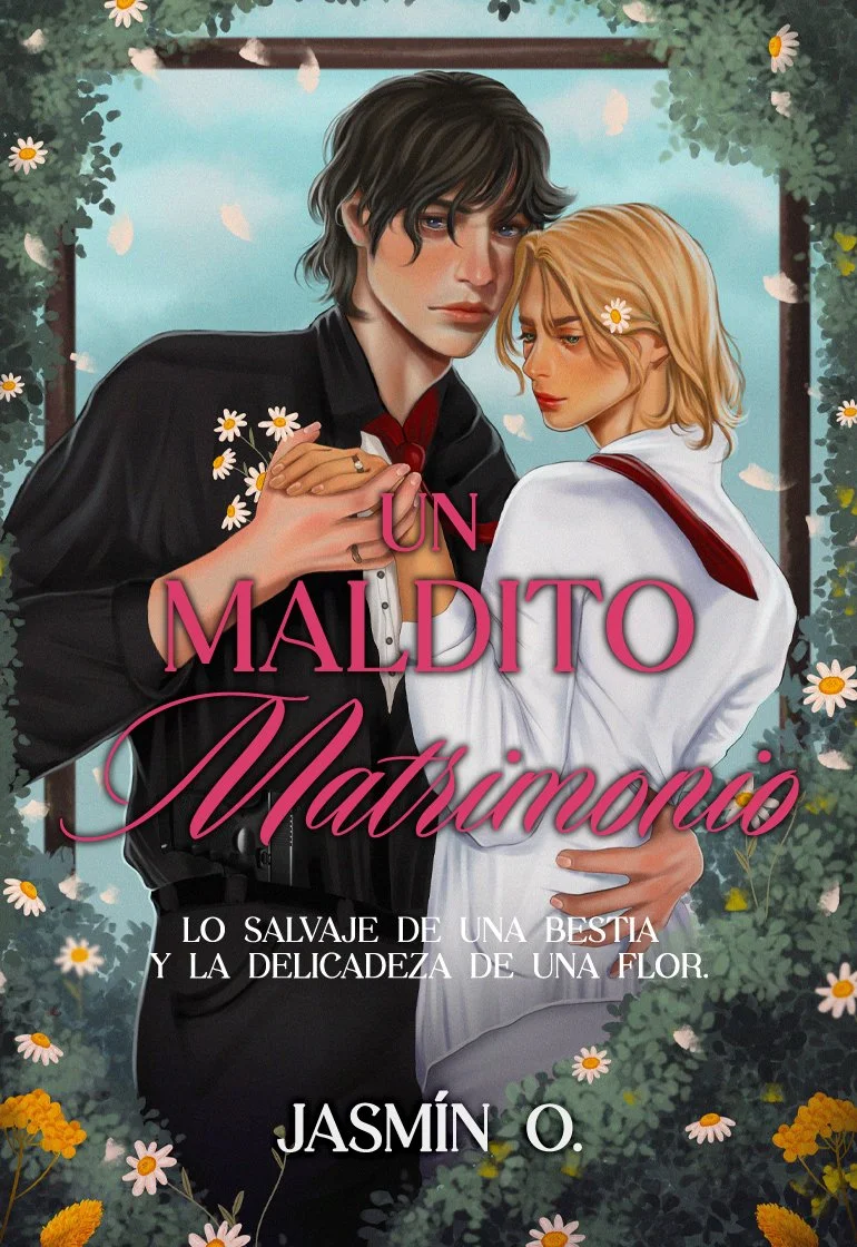 Portada de un libro titulado 'Un maldito matrimonio' con un joven y una joven de cabello rubio, rodeados de flores y mariposas, en un estilo artístico romántico.