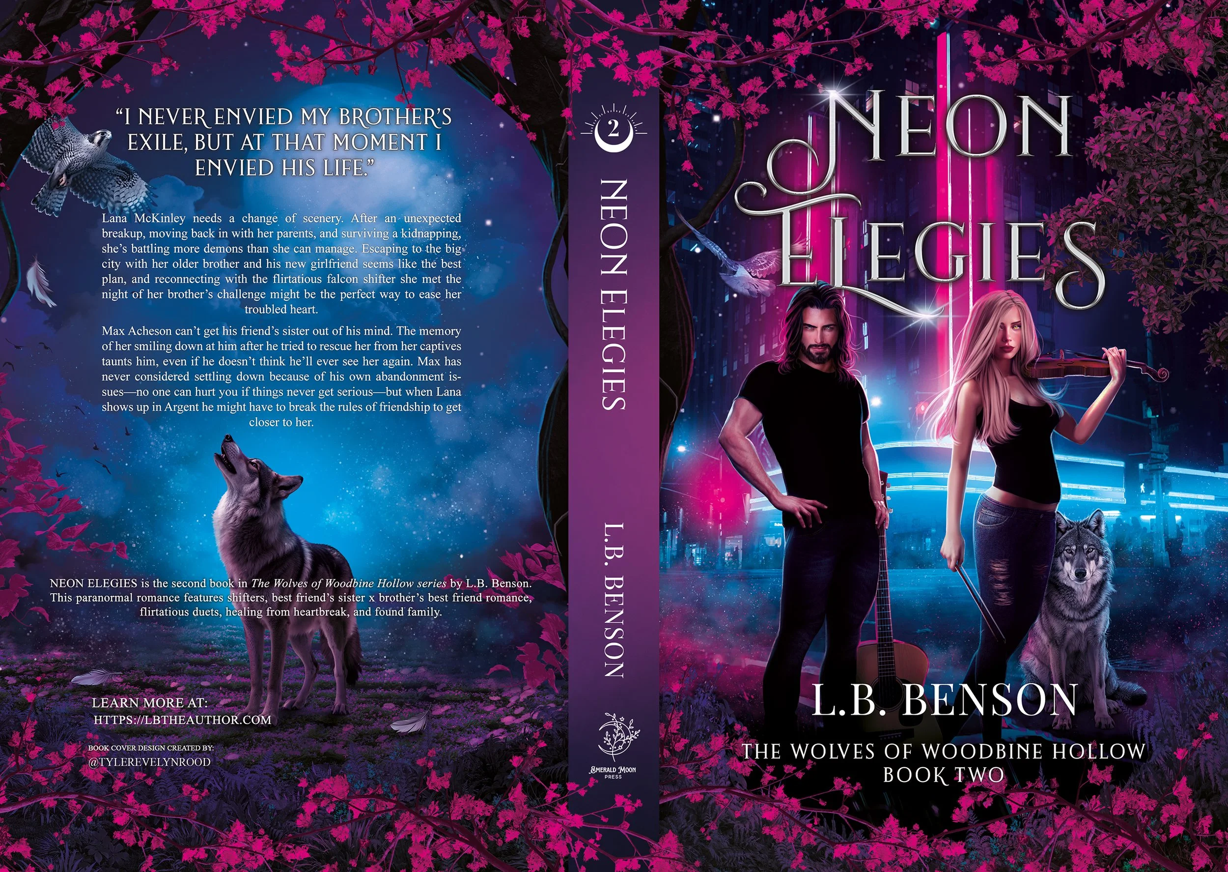 Portada del libro 'Neon Elegies' con fondo nocturno y árboles con flores rosadas, dos personajes humanos, un hombre con cabello largo y barba tocando guitarra y una mujer con cabello rubio tocando violín, un lobo y un halcón en la escena