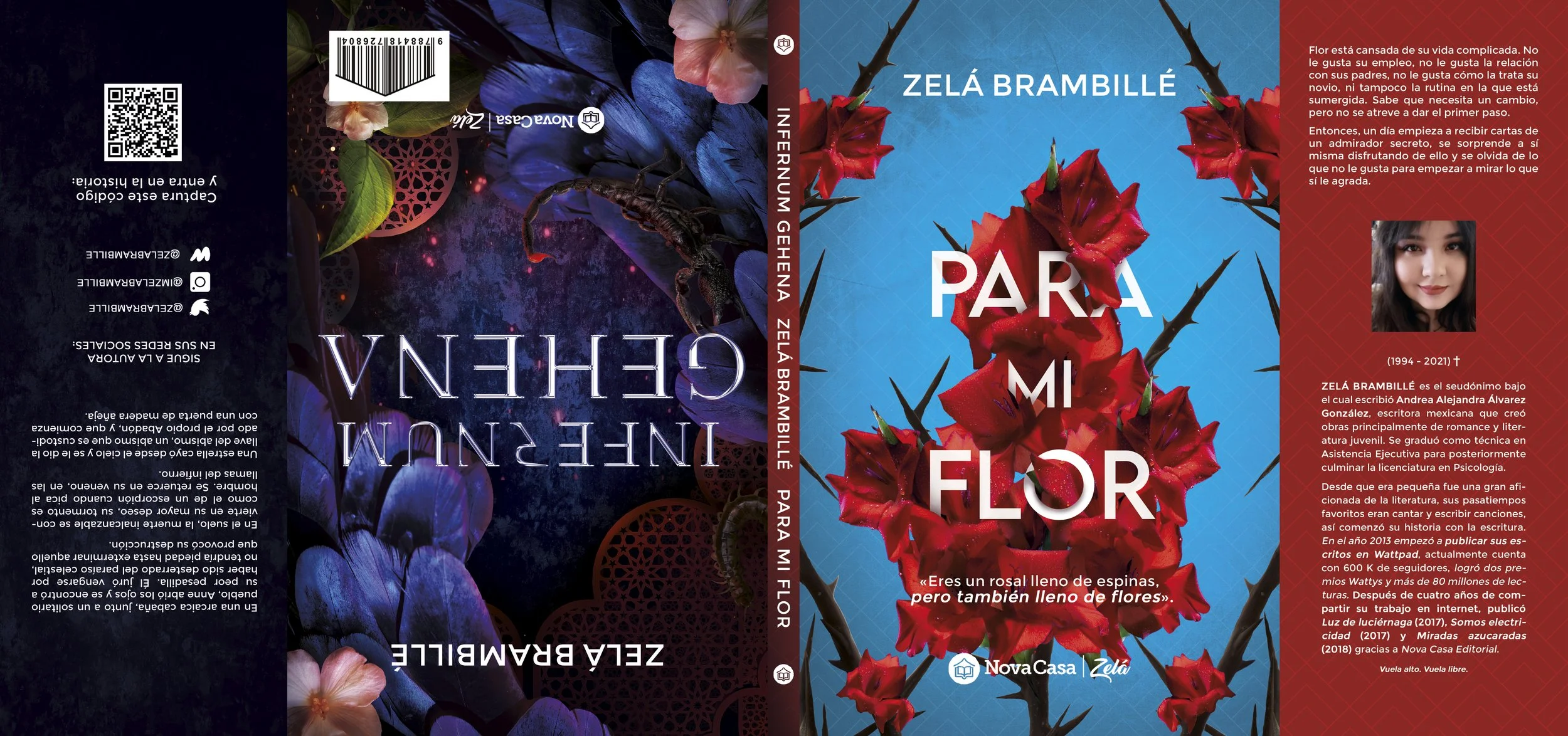 Portada y contraportada del libro "Para mi flor" de Zela Brambillé. La portada tiene un fondo azul con rosas rojas y espinas, y en la contraportada hay textos acompañados de una foto de la autora y logotipos de la editorial.