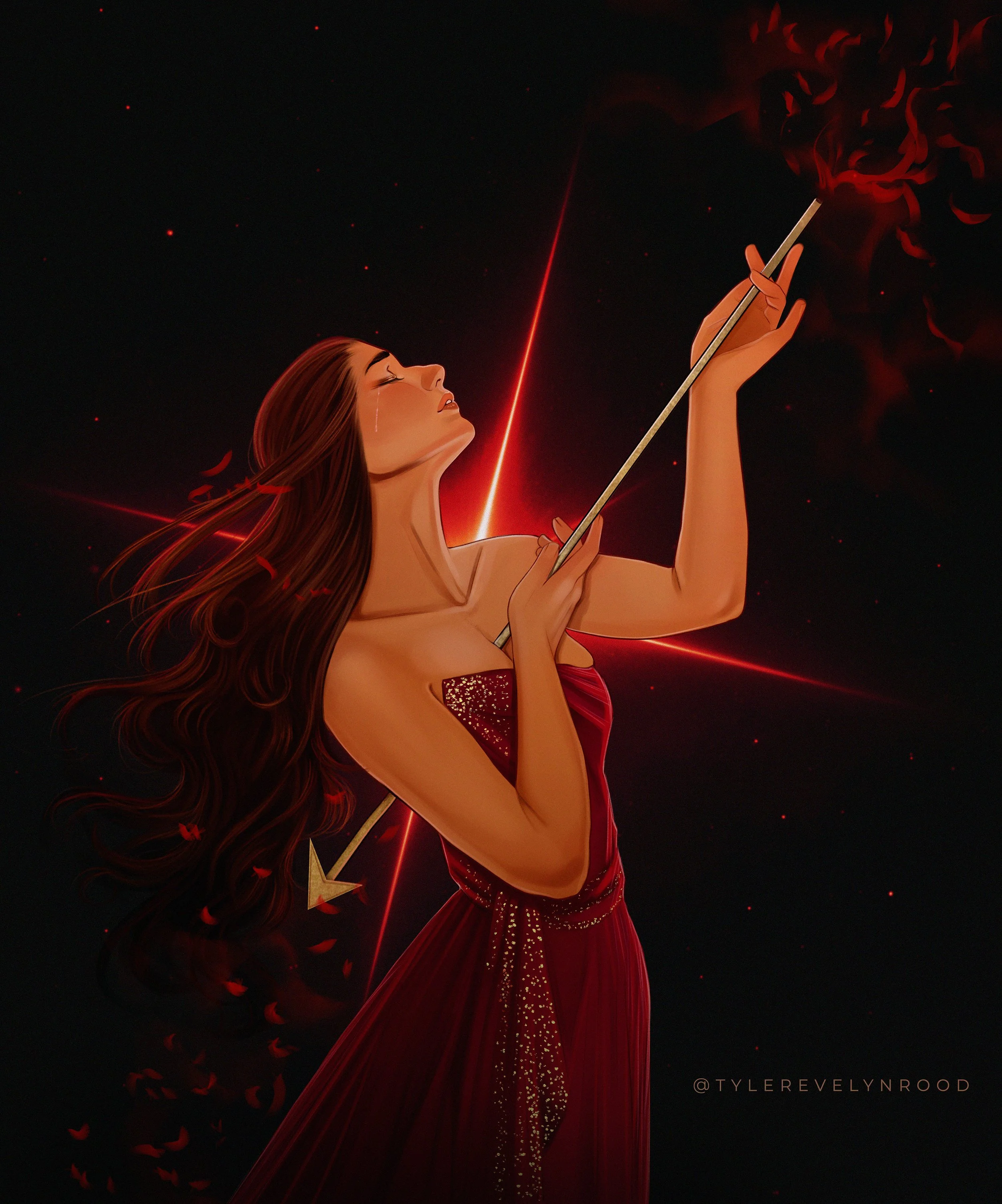 Mujer con cabello largo y castaño, vestida con vestido rojo, sosteniendo una lanza que emite una luz roja y tiene fuego negro en la punta, en un fondo oscuro con pequeñas luces rojas y destellos. La escena tiene un estilo artístico y dramático.