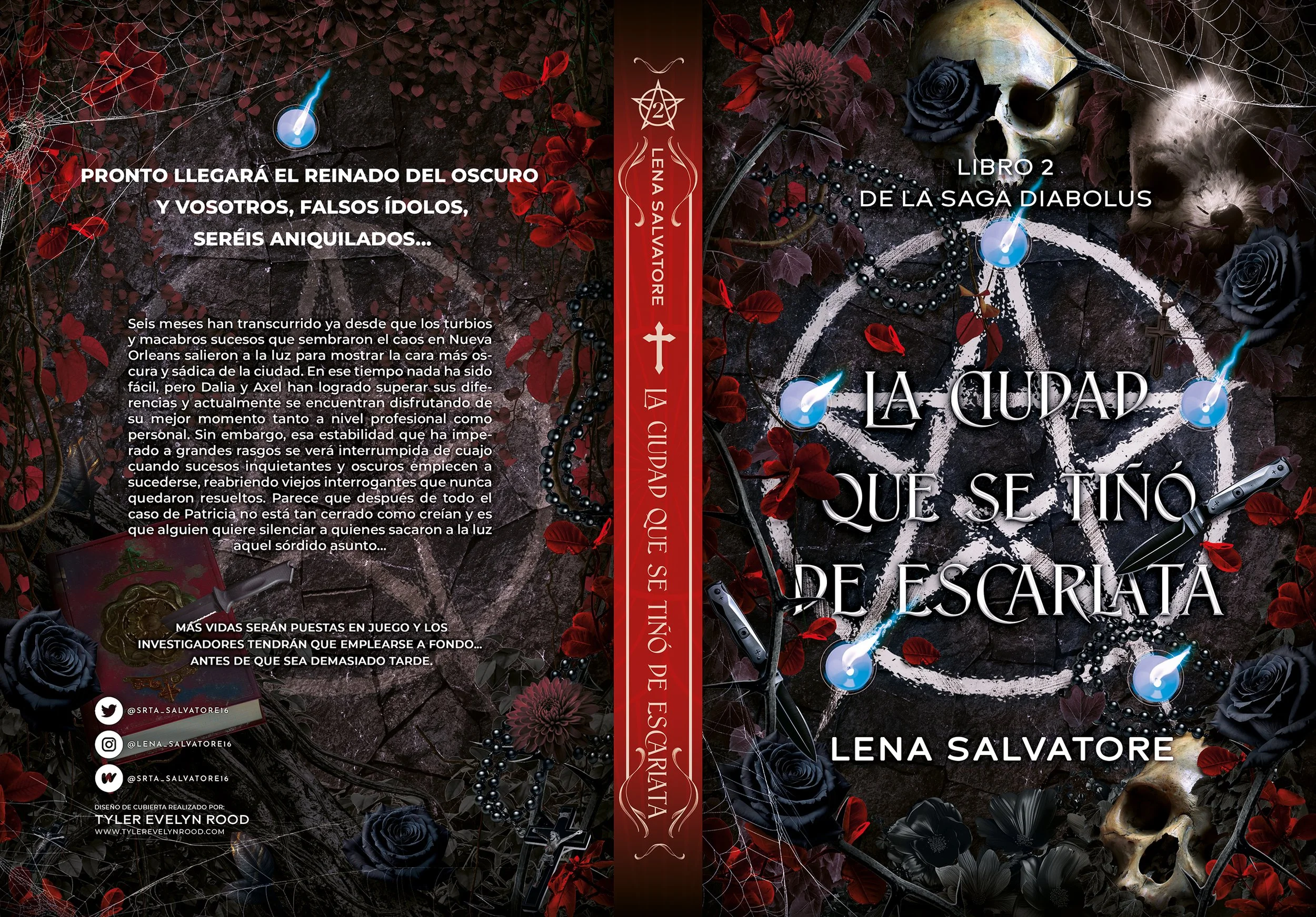 Diseño de portada de libro con fondo oscuro, rosas negras y rojas, calaveras, velas, y símbolos ocultos, con texto en español y redes sociales.