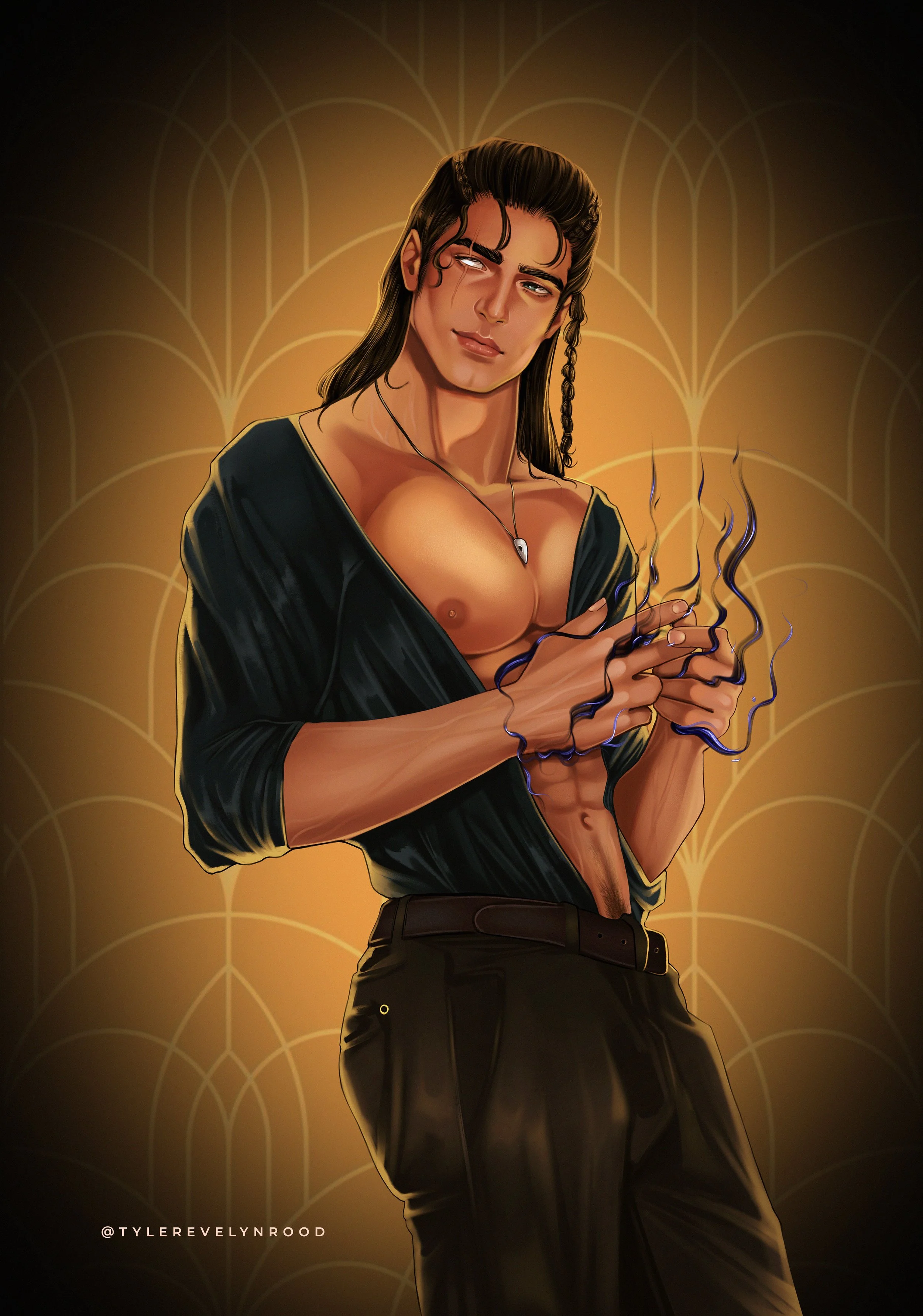 Ilustración digital de un hombre con cabello largo, oscuro y con rulos, sosteniendo una mano con vapores o humo azul. Luce una expresión confiada y lleva un collar con un dije en forma de lágrima. La figura viste una chaqueta negra que deja entrever 