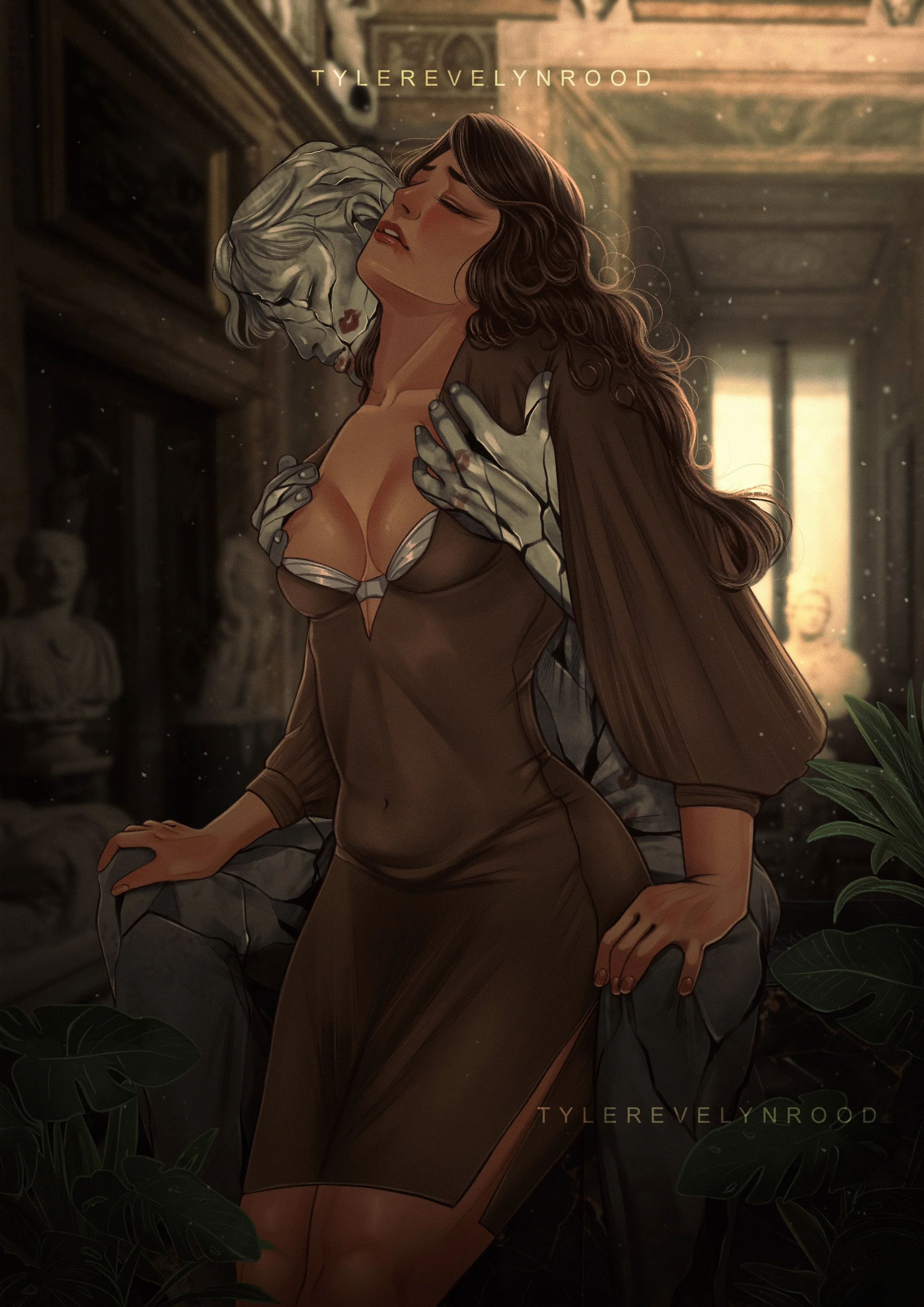 Ilustración de una mujer con ojos cerrados y expresión emocional, rodeada de manos que parecen sostenerla, en un entorno con vegetación y una ventana en el fondo.