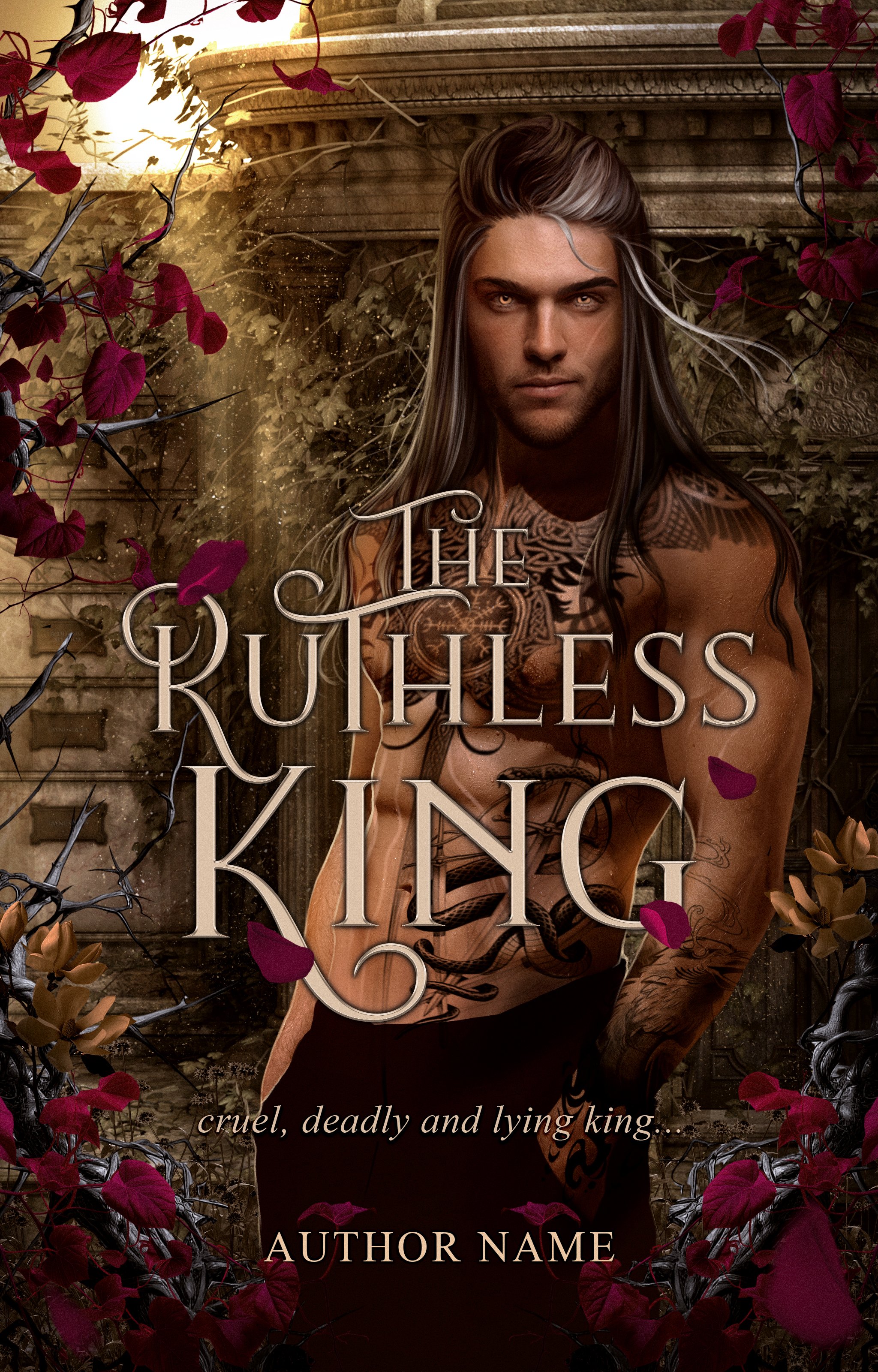 Portada de un libro con un hombre musculoso y tatuado, con cabello largo y melena, rodeado de hojas moradas y plantas, en un entorno con madera envejecida y un letrero que dice 'el rey sin rey'.