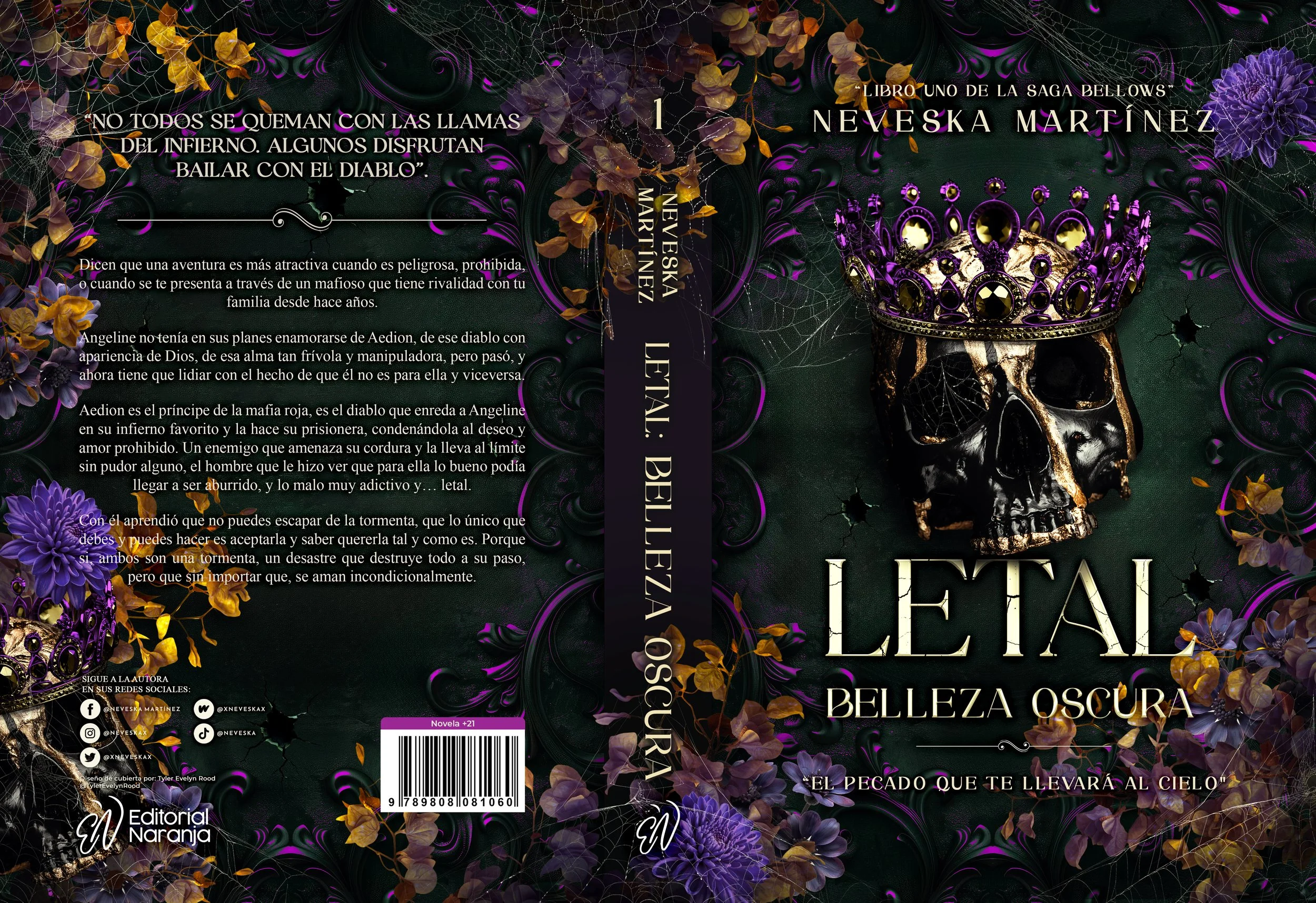 Cubierta del libro con fondo oscuro, detalles de telarañas, flores moradas y anaranjadas, y una calavera con corona de gemas moradas y doradas. Texto en español con citas y nombres de autor.