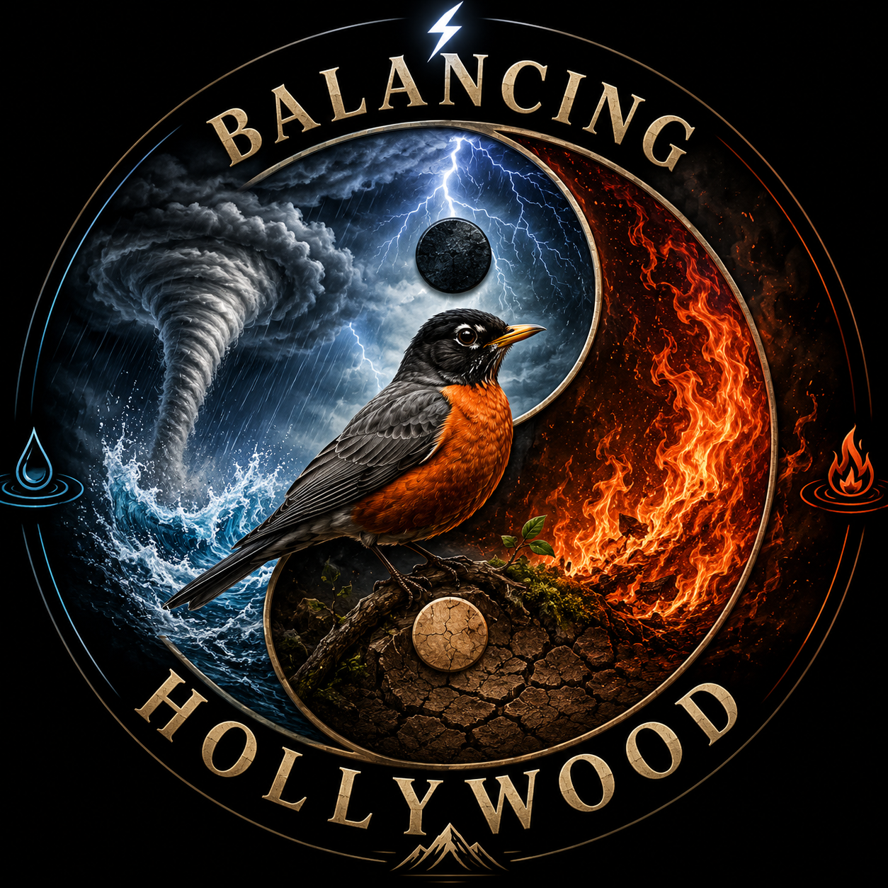 A circular graphic split into stormy water on the left and fiery flames on the right, with a bird perched on a branch in the center. The word 'BALANCING' is at the top and 'HOLLYWOOD' at the bottom.