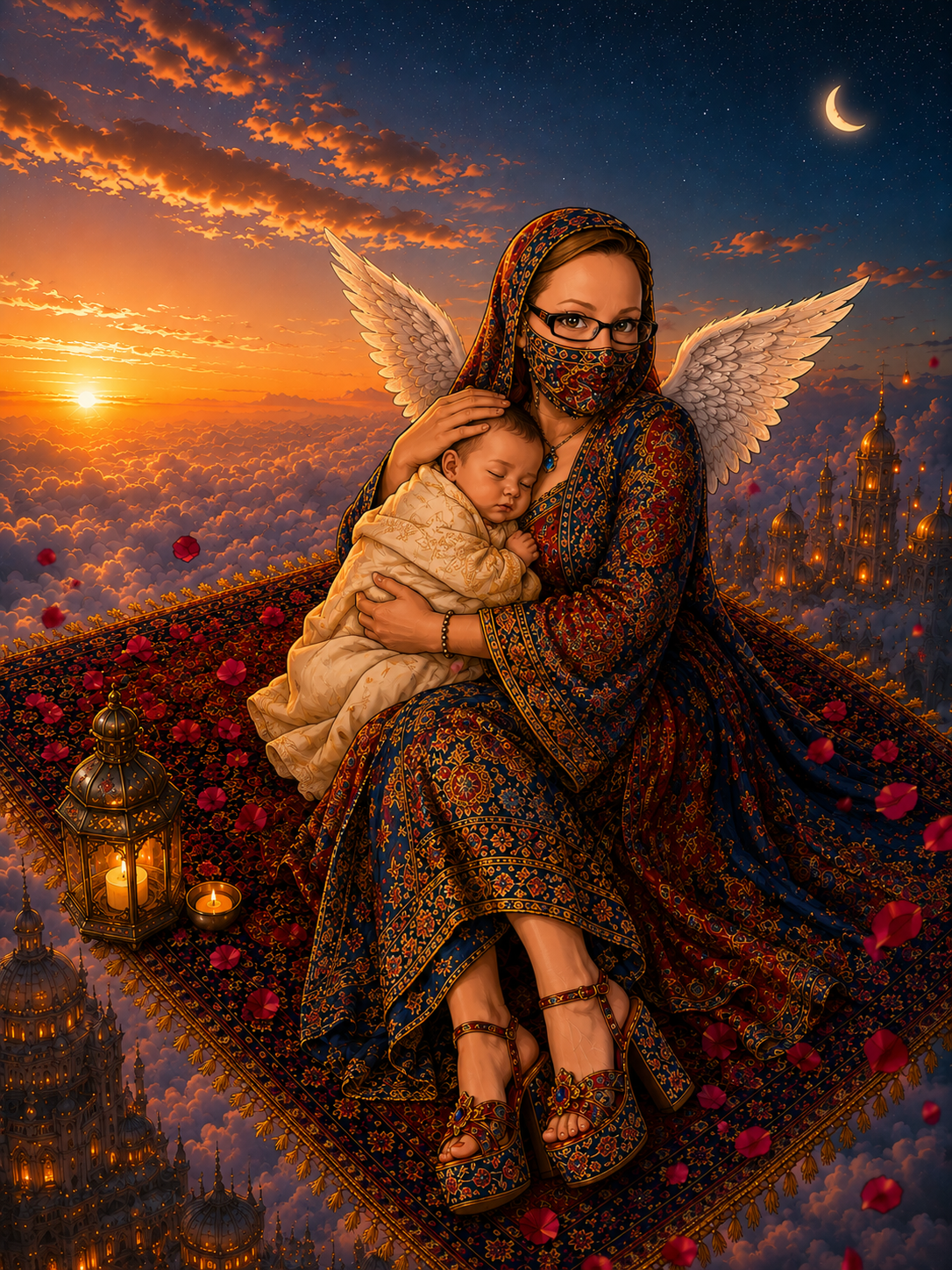 A woman with angel wings, wearing a colorful patterned dress and a face mask, is sitting on a floating carpet in the sky, holding a sleeping baby in her arms. The background features a sunset sky with clouds, stars, a crescent moon, and distant illuminated buildings.