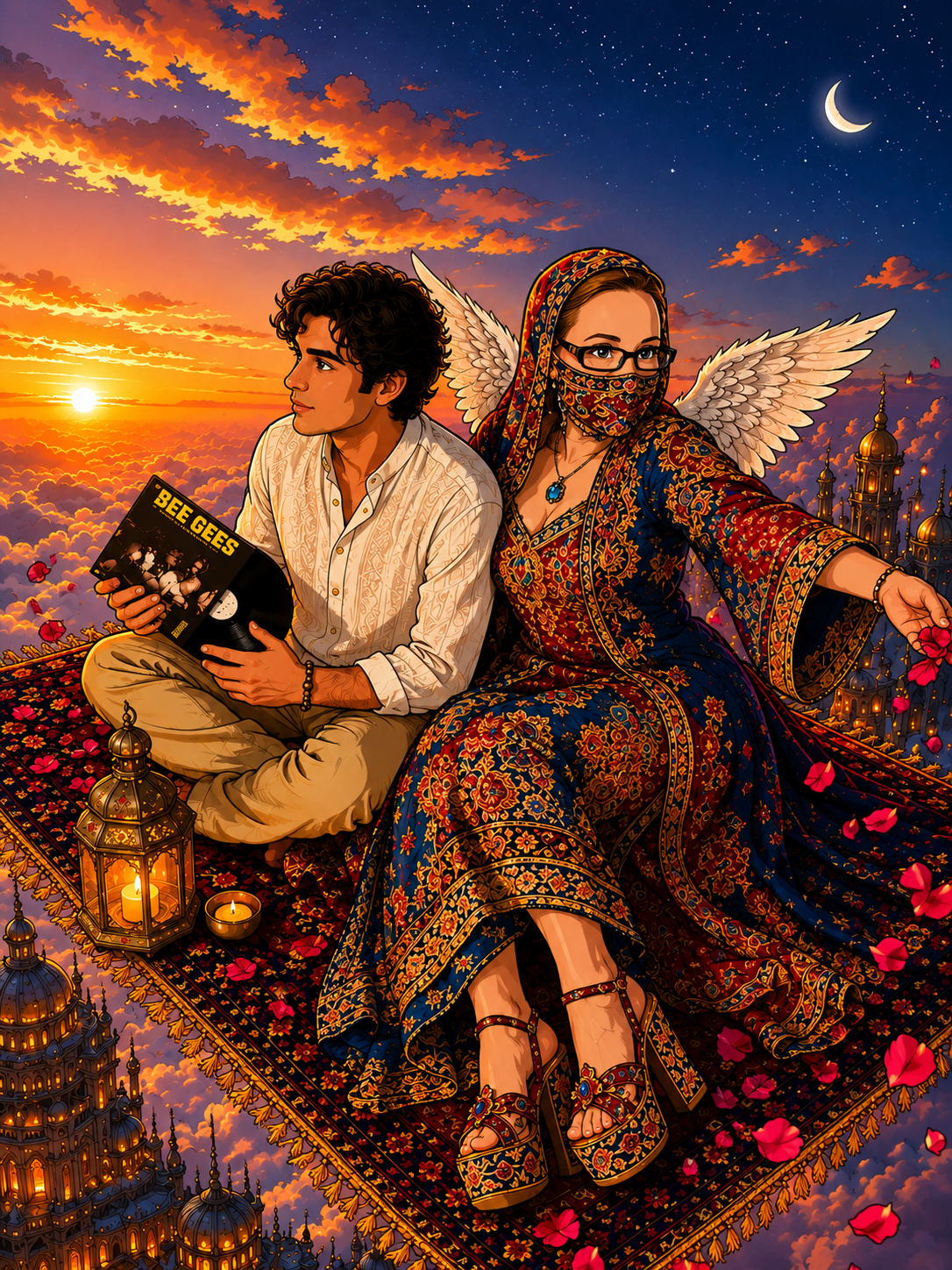 A young man with curly hair sitting cross-legged holding a vinyl record, with an angelic woman with wings, in a traditional dress, sitting beside him on a floating carpet over a cityscape at sunset, with clouds, trees, candles, and a crescent moon in the sky.