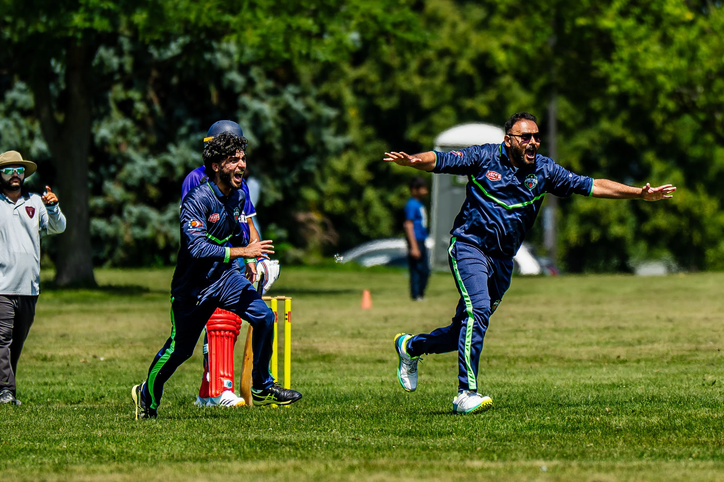 Cricket players celebrating on the field during a match with trees in the background.