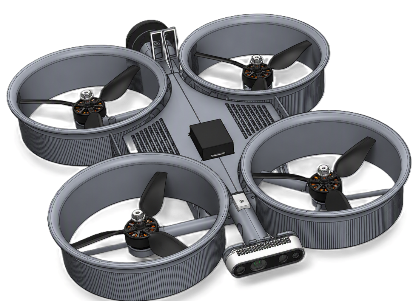 A silver drone with four propellers, each within a circular protective frame, and a central body with a camera and sensors on the front, viewed from above.