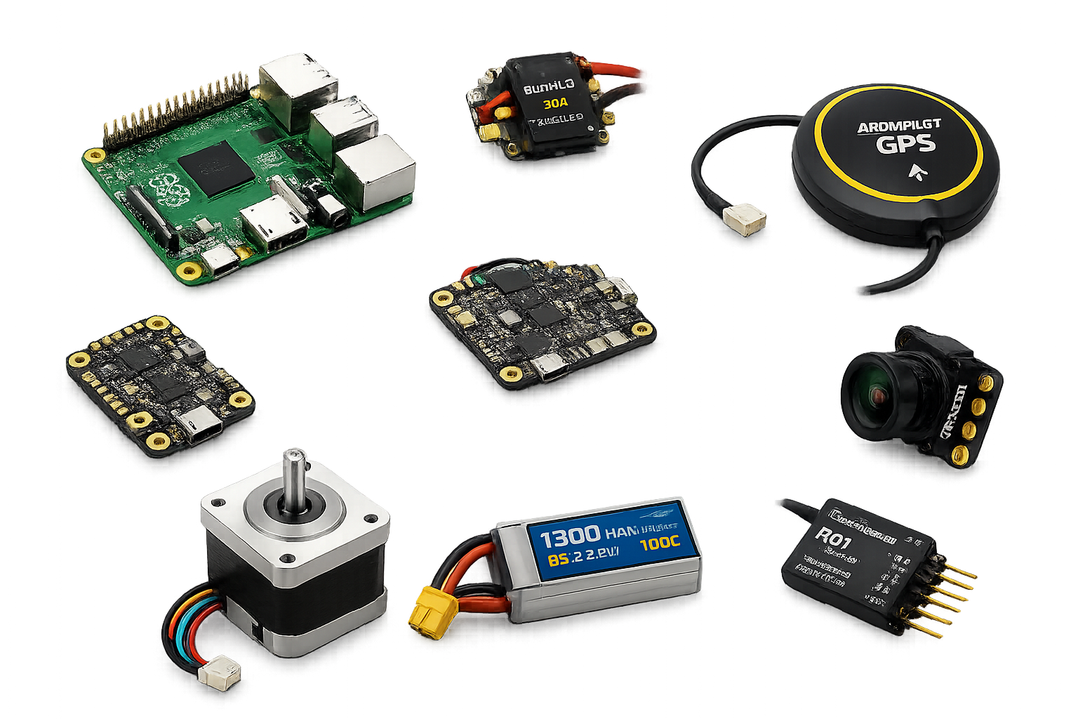 Various electronic components and circuit boards, including a Raspberry Pi, motor, battery, GPS module, camera, and sensors, arranged on a surface.